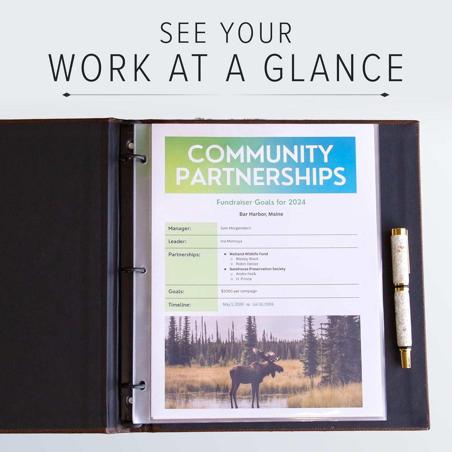 Gallery Leather 3 Ring Binder with Plastic Sleeves, Includes 10 Sheets, Sheet Size: 8.5" x 11" - Presentation Binder Rings with Hubbed Spine, Thick: 0.75" Belfast Black