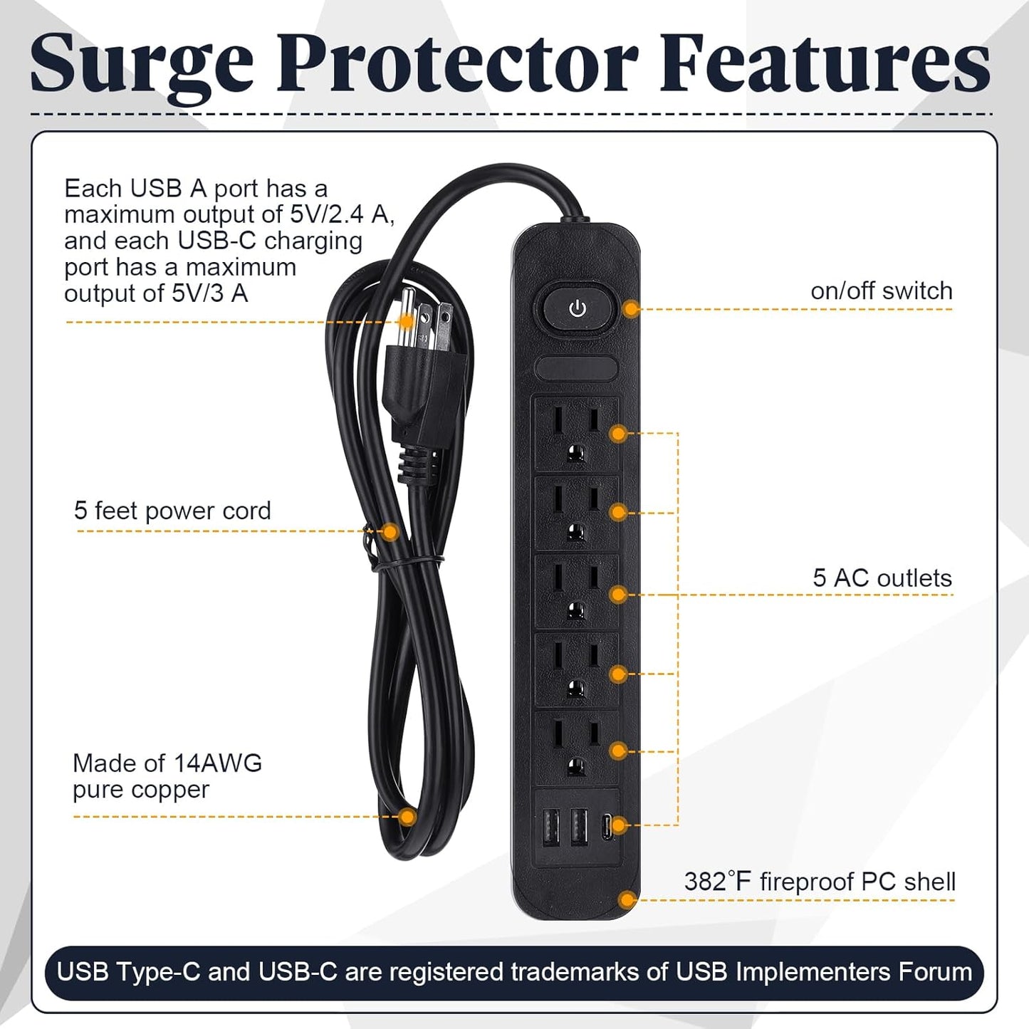 Kanayu 6 Pieces Power Strip Surge Protector with 5 Ac Outlets and 3 USB Ports, Heavy Duty Extension Cords Plug for Home Office Dorm(4.92 ft,Black)