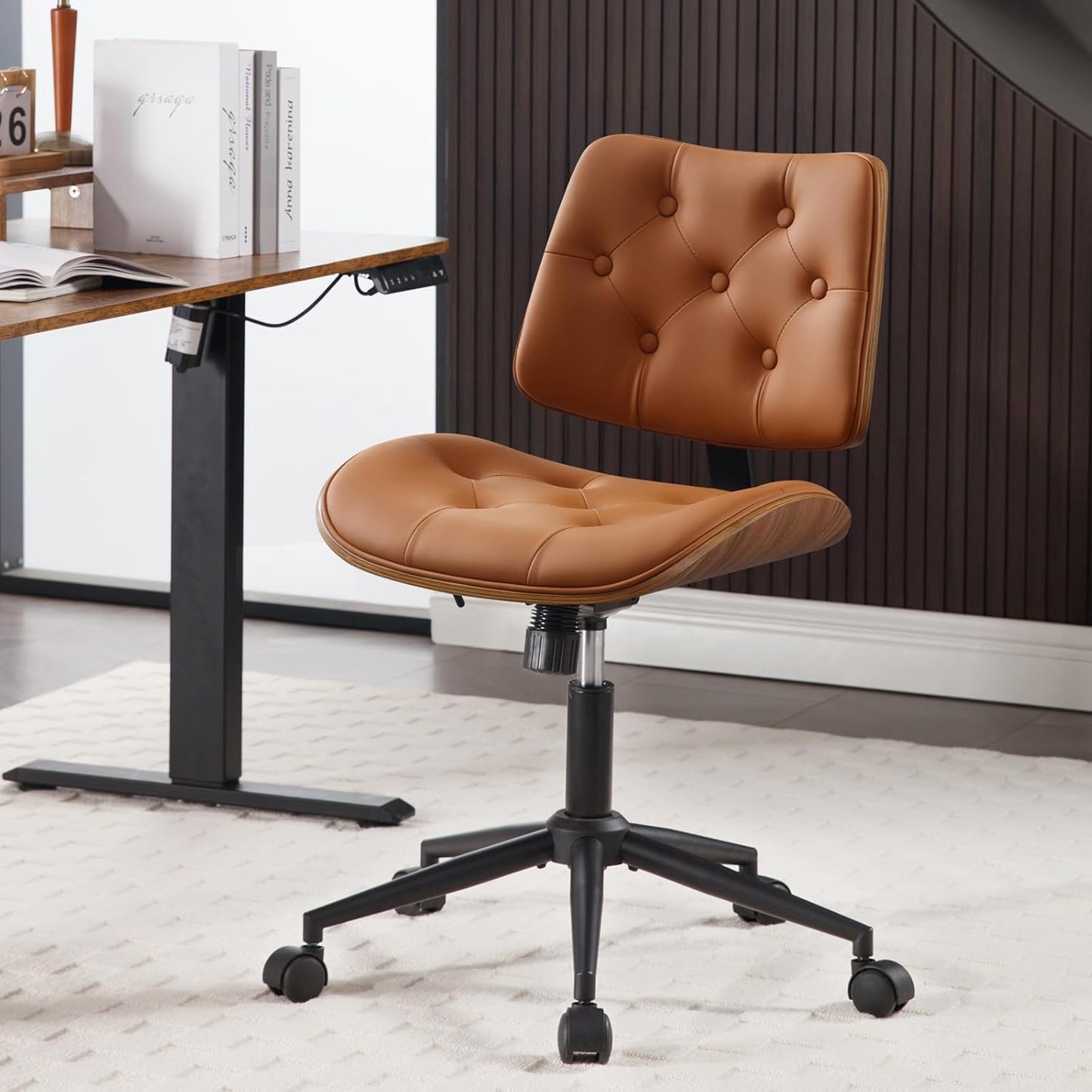 Armless Home Office Chair with Wheels, PU Leather Adjustable Height Computer Desk Chair, 360 Swivel Small No Arms Chair, Modern Button Walnut Style for Office, Reading Meeting Room(Brown)