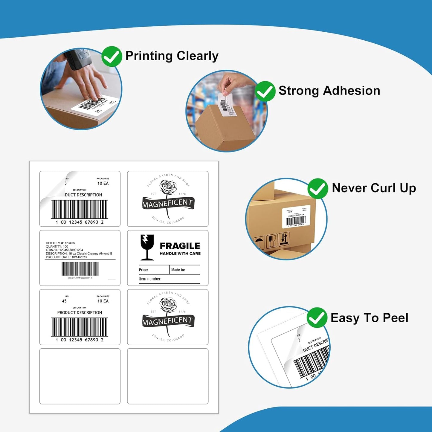 Name Tag Stickers 2 1/3" x 3 3/8", White Blank Mailing Labels, Inkjet and Laser Printer Guaranteed, 8 Labels Per Sheet, 25 Sheets - 200 Label （HB-R108）