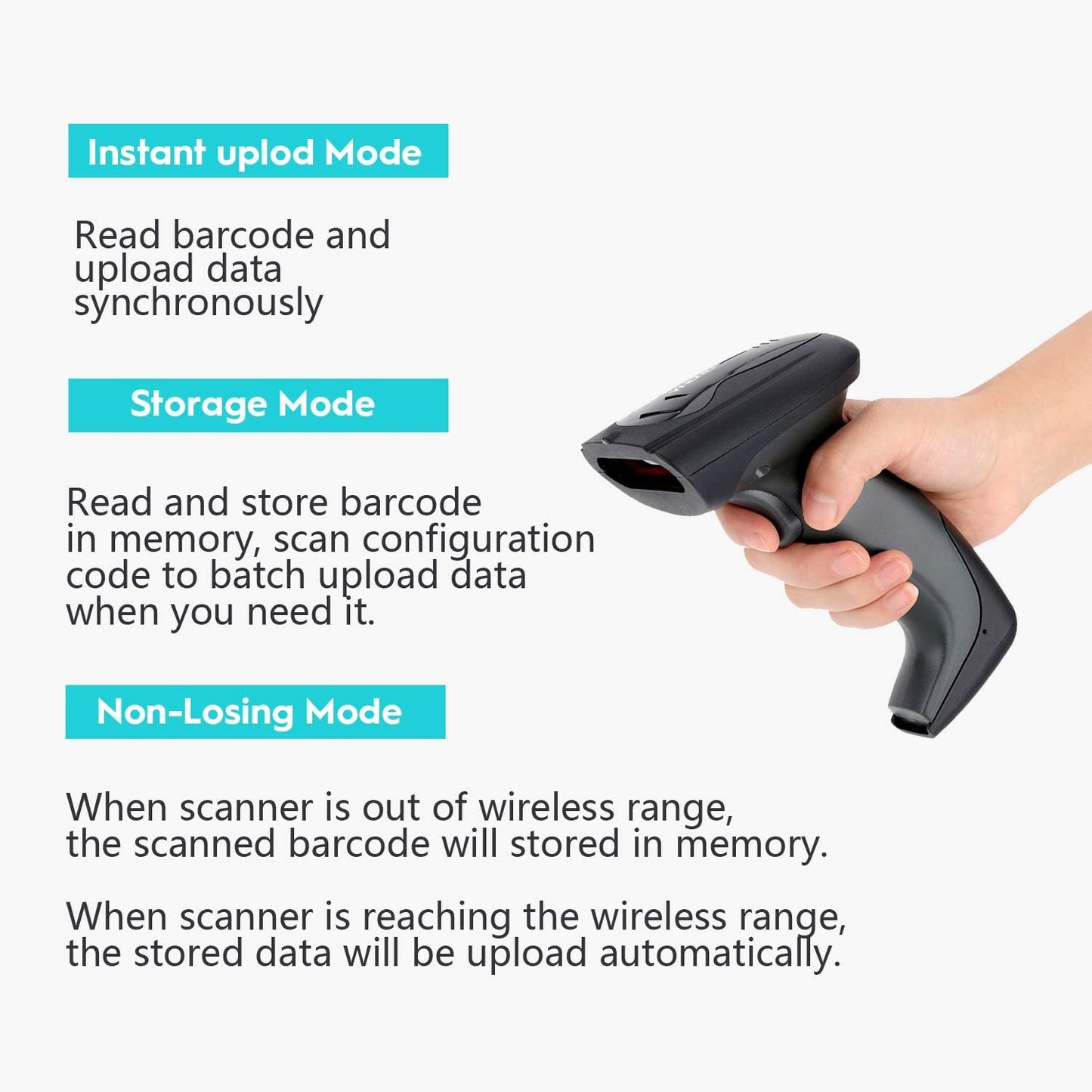 NADAMOO Wireless Barcode Scanner with Cradle, 2D Cordless Bar Code Reader 400m Transmission Distance CMOS Imager Read 1D, 2D, QR Code, Data Matrix, PDF417 for Windows Mac Linux