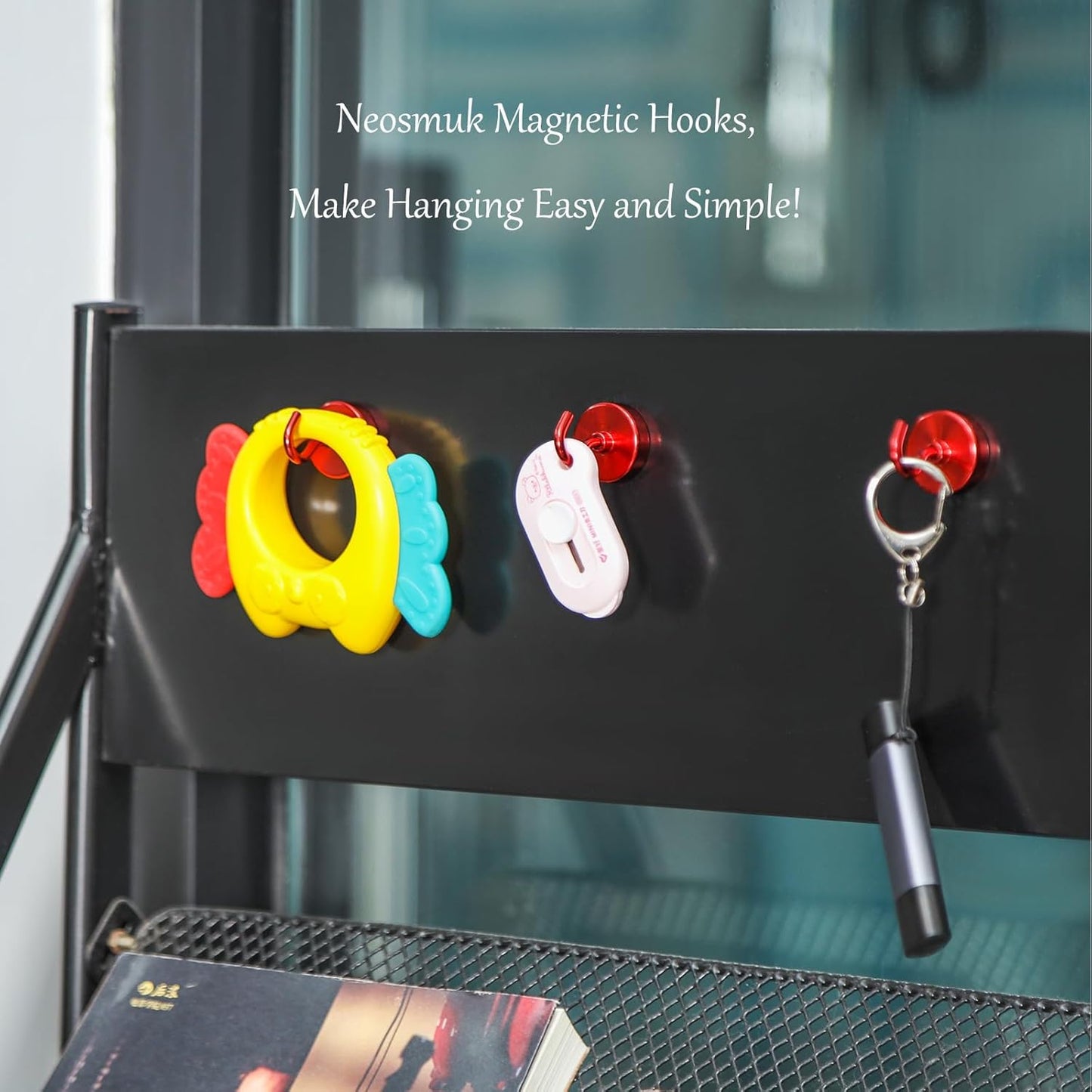 Neosmuk Magnetic Hooks Heavy Duty,Strong Magnet with Hook for Fridge, Super Neodymium Extra Strength Industrial Hooks for Hanging, Magnetic Hanger for Toolbox, Cruise, Grill(Red,4 Pack)