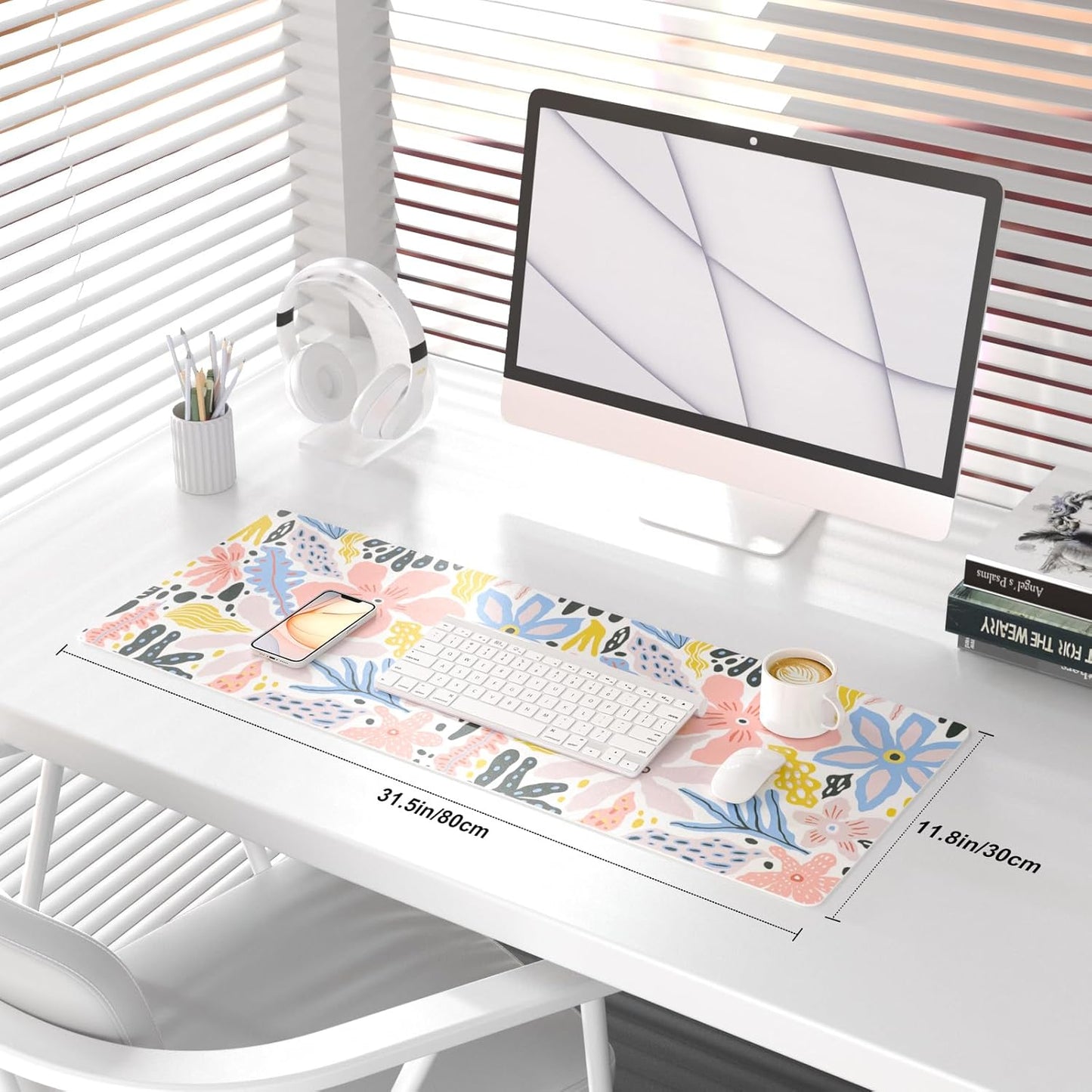 QIYI Floral Large Mouse Pad, Cute Desk Mat for Desktop, Women Girls Desk Accessories Office Décor, PU Leather Waterproof Big Gaming Mousepad, Doodle Flowers Desk Pad Computer Mat, 31.5" x 11.8"