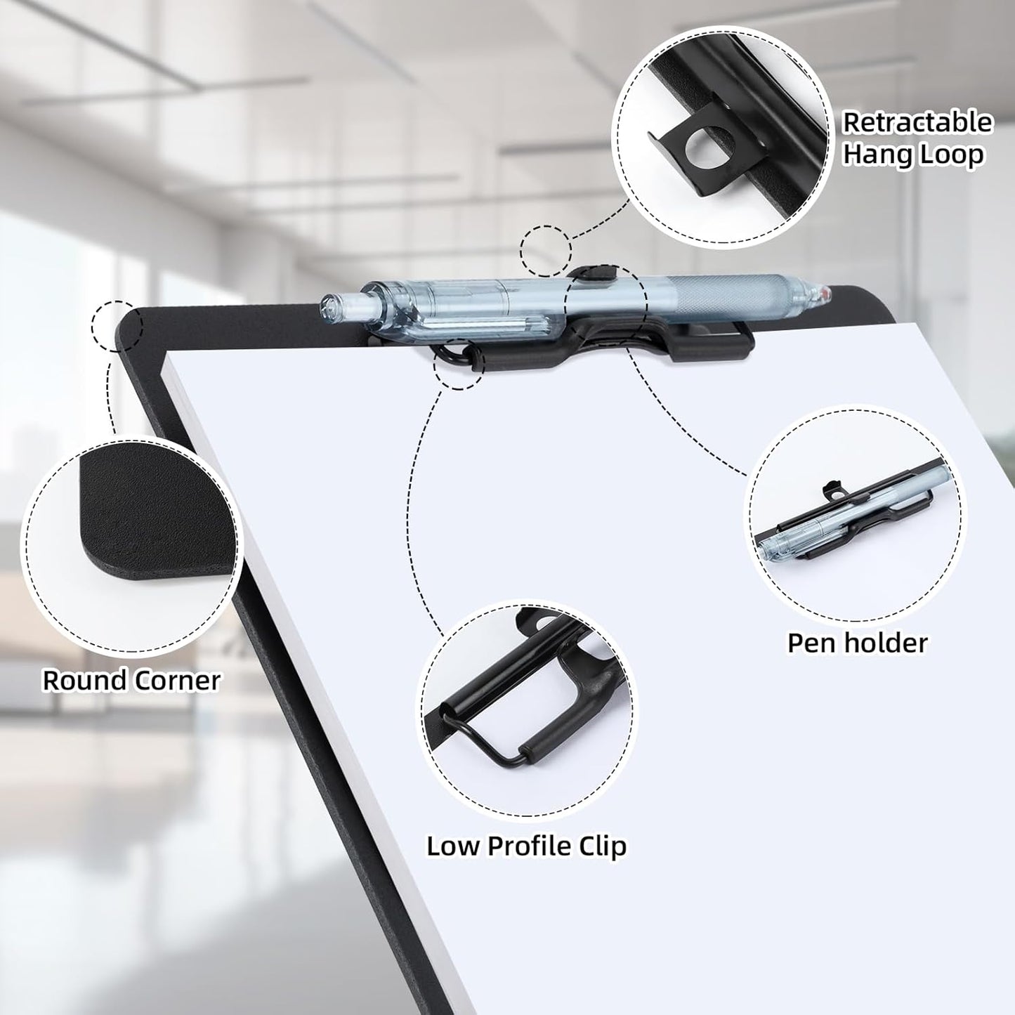 Clipboard with Pen Holder, Plastic Clipboard with Low Profile Metal Clip, Hanging Clipboards Holds 8.5x11 Inch Papers, Standard A4 Letter Size Clip Board for Office & School, Black