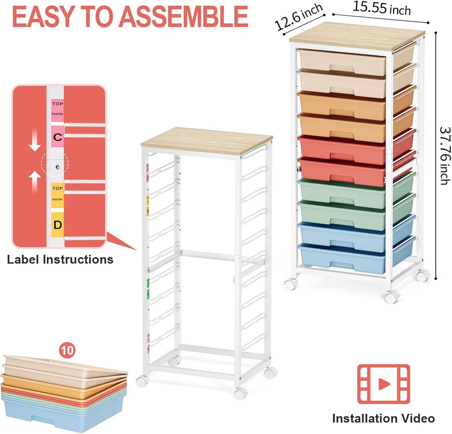 Rolling Cart with Drawers,10 Drawer Rolling Cart,Storage Cart with Wheels,Utility Cart with Drawers,Teacher Cart for Classroom Storage,Craft Cart with Wheels and Wooden Tabletop,Rainbow