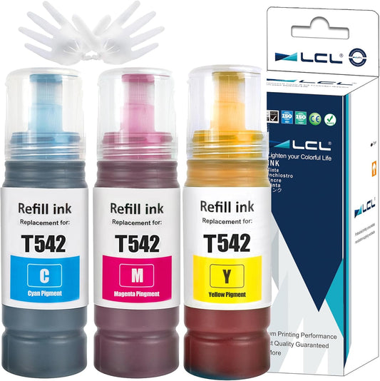 LCL Compatible Ink Refill Bottles Replacement for 542 T542 Ink Compatible with Ecotank ET-5150 ET-5170 ET-5180 ET-5850 ET-5800 ET-5880 ET-16600 ET-16650 ST-C8000 ST-C8090 Printers(Cyan Magenta Yellow)