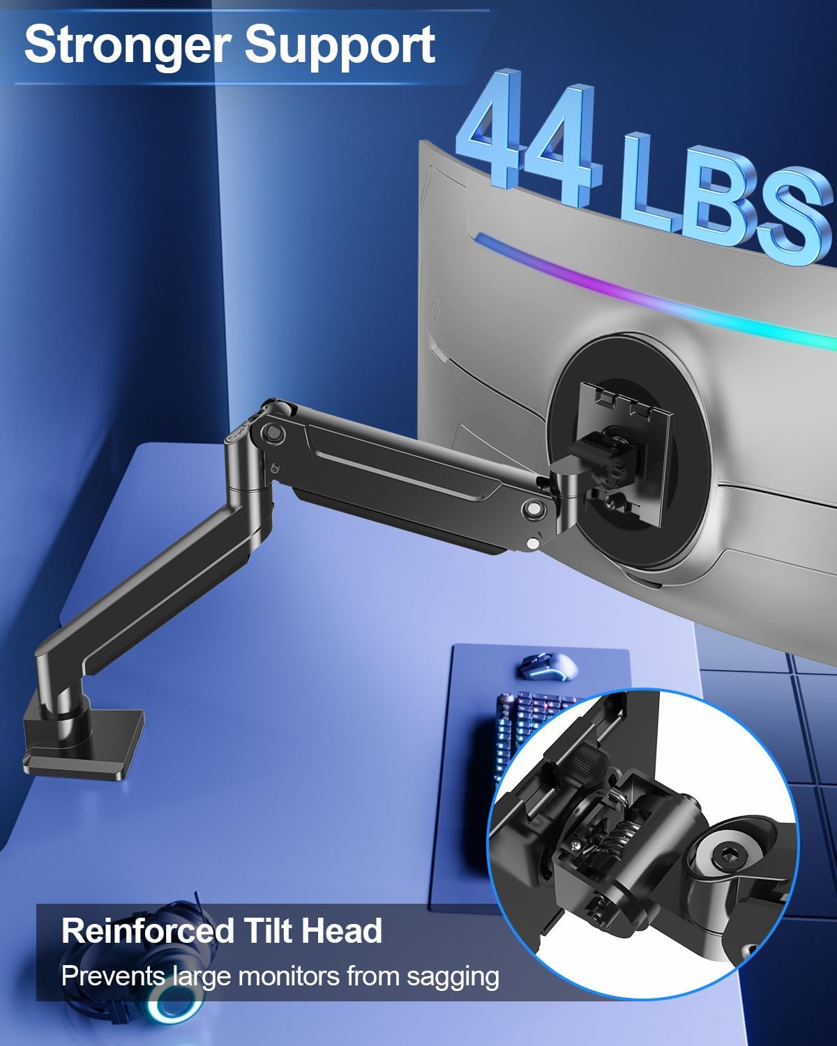 MOUNT PRO Heavy Duty Monitor Arm for Max 49 Inch Ultrawide Screens up to 44 lbs, Aluminum Premium Single Monitor Mount for Samsung Odyssey G9 and More, Adjustable Display Desk Stand, VESA 100x100mm