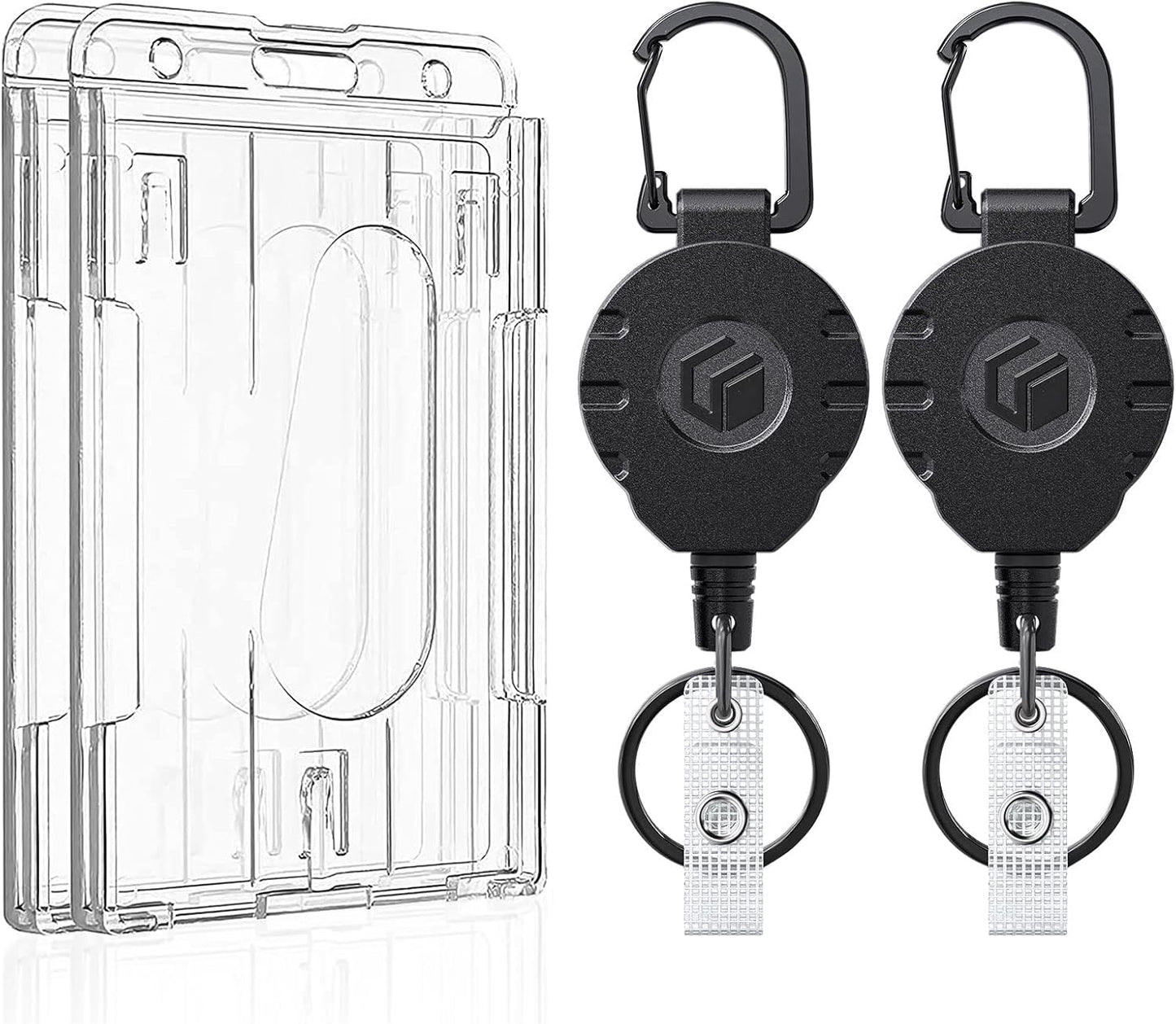 Uniclife 2 Pack 2-Card Thumb-Slot Badge Holder Vertical Clear Plastic Case with Retractable Keychain Badge Reel for up to 8 oz Hard Card Protector for IDs Credit Cards Driver’s Licenses and Passes