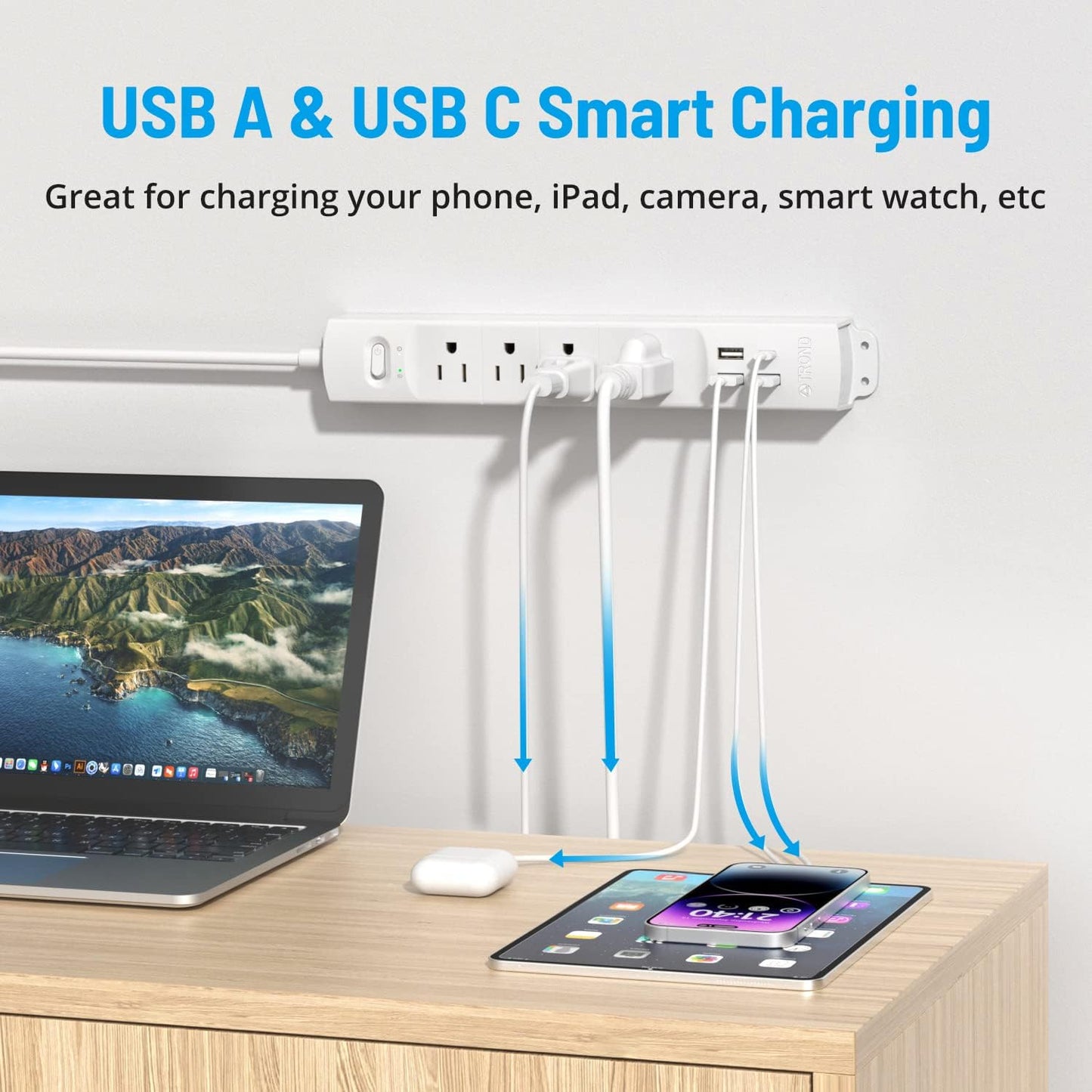 TROND Surge Protector Power Strip with USB, Ultra Thin Flat Plug 15ft Long Extension Cord 1625W, 3 USB A & 1 Type C, 4 AC Outlets 1440J Surge Protection for Wall Mount for Home Office Dorm Room, White