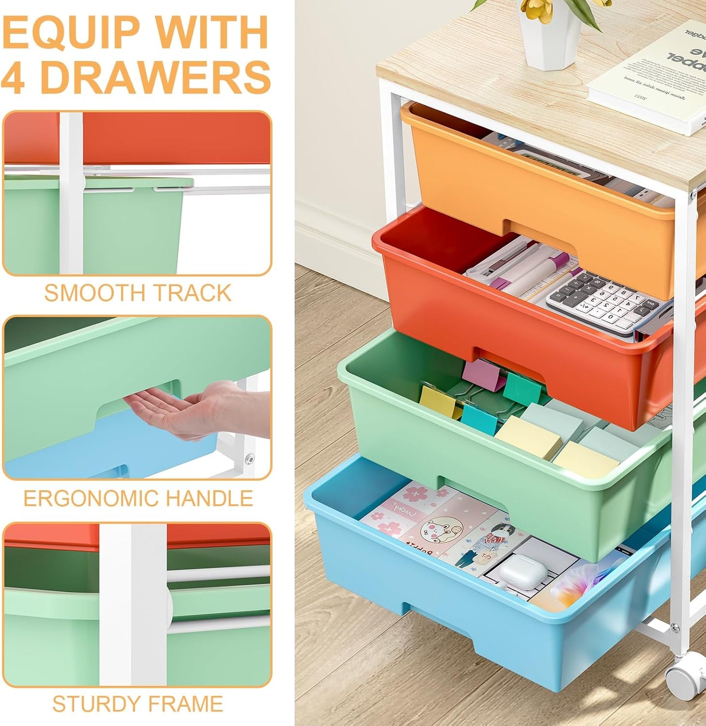 Utility-Rolling-Storage-Drawer-Craft-Cart-Organizer with 4 Drawers and Wooden Tabletop & Lockable Wheels for Home Office, Bedroom, Kids Room, Classroom, 4 Tiers Under Desk Drawer Cart, Macaron
