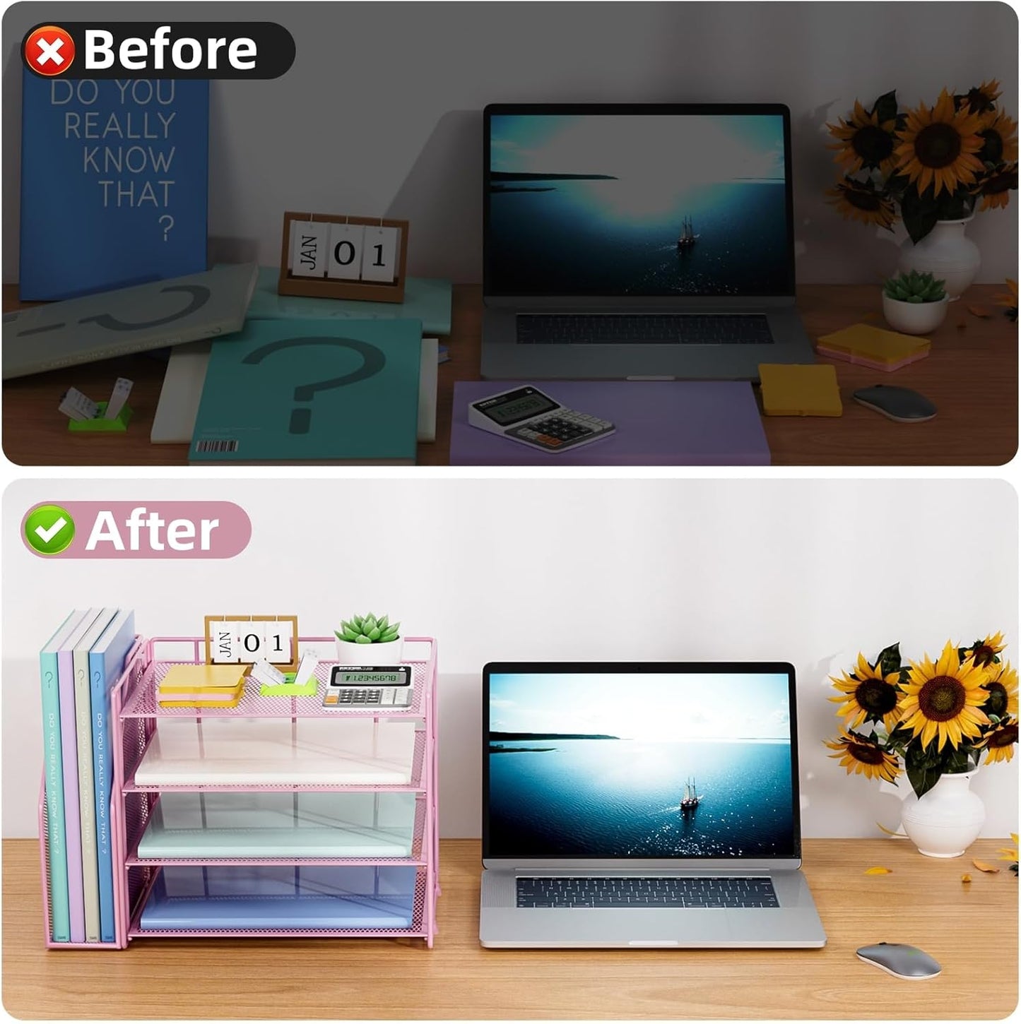 Marbrasse Desk Organizer and Accessories，4-Tier Paper Letter Tray Organizer with File Holder，Desk Accessories & Workspace Desktop Organizers for School Home Office Supplies (Pink)