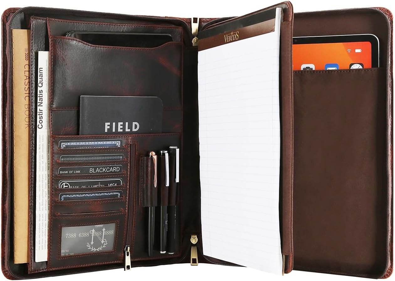 Handmade Genuine Leather Portfolio Organizer for IPad/Document, Business Padfolio with A4 Leather Notepad Holder, Leather Compact Folder Conference Portfolio for Men and Women, Red Brown
