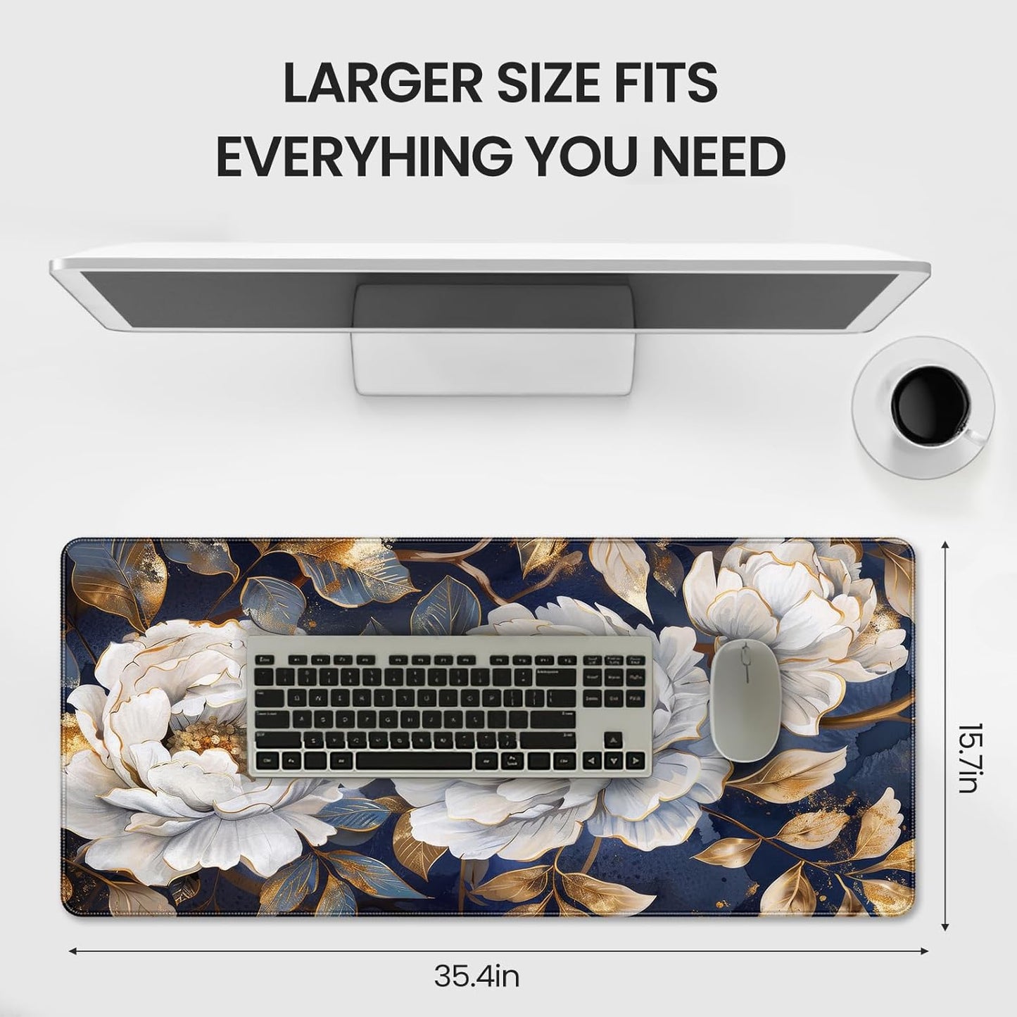 35.4 x 15.7 inches, Large Desktop Mouse pad, Keyboard and Mouse Pads for Work and Home Computers, and Large Laptop Mouse mat，White Peonies