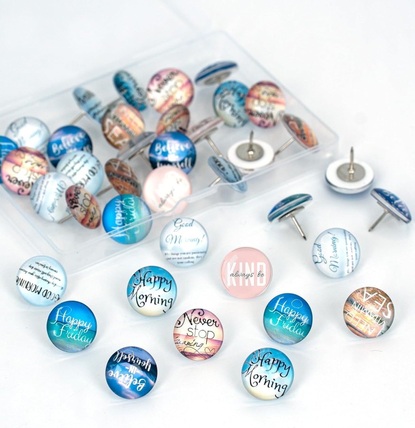 24Pcs Decorative Push Pins,Decorative Thumb Tacks for Bulletin Board, Cork Board Thumbtacks,Photos Wall Maps,Cute Thumbtack for Cubicle Decor,Classroom Decor,and Office Decor(Motivational-Moring)