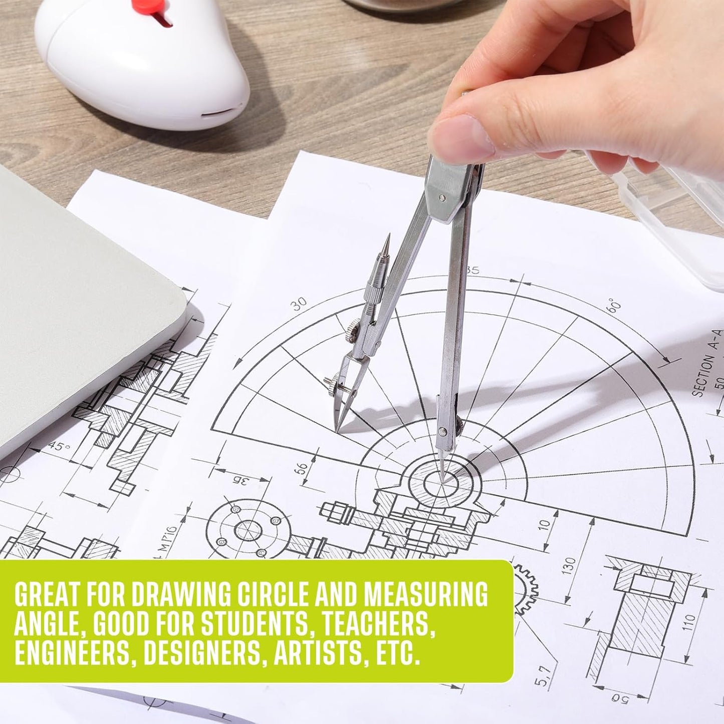 EBOOT Student Geometry Math Set, Drawing Compass and 6 Inch Swing Arm Protractor 180 Degree Math Protractor(Yellow)