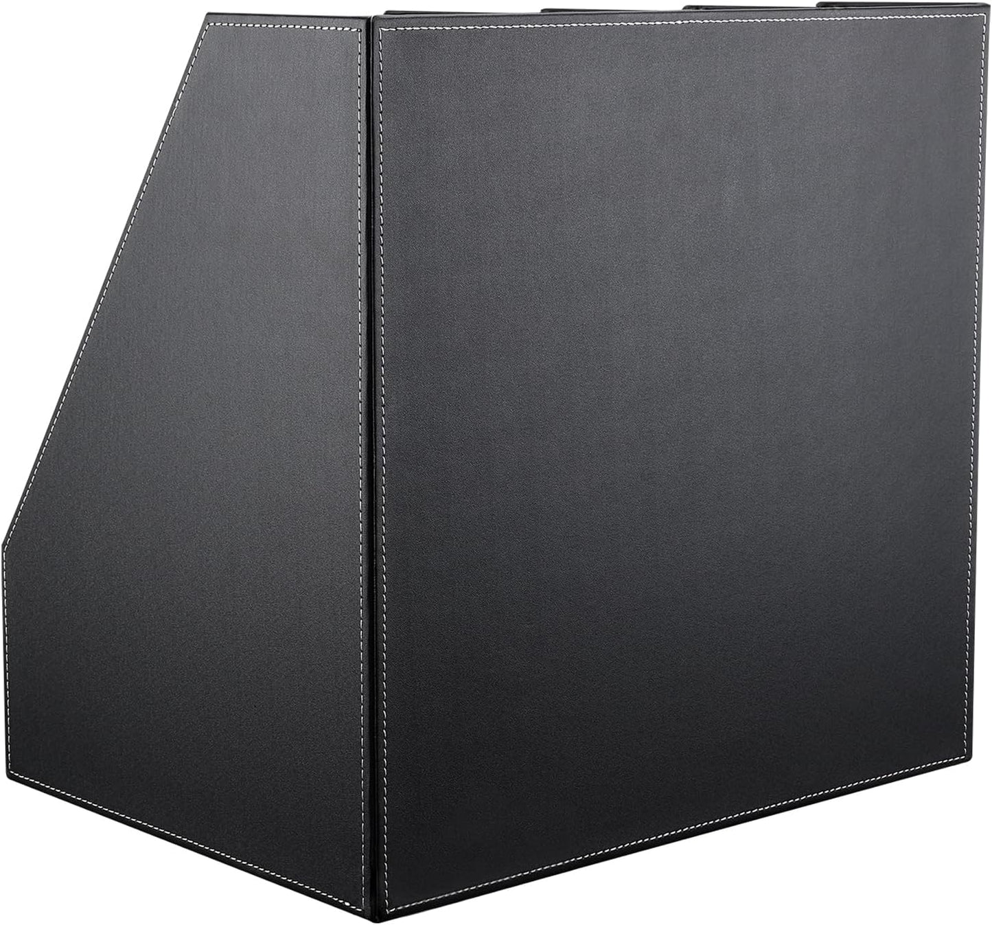 KINGFOM 4-Slot Wood Leather Document Files Holder Rack Stand Desk Files Organizer Papers Collection Cabinet (4 slot Black)