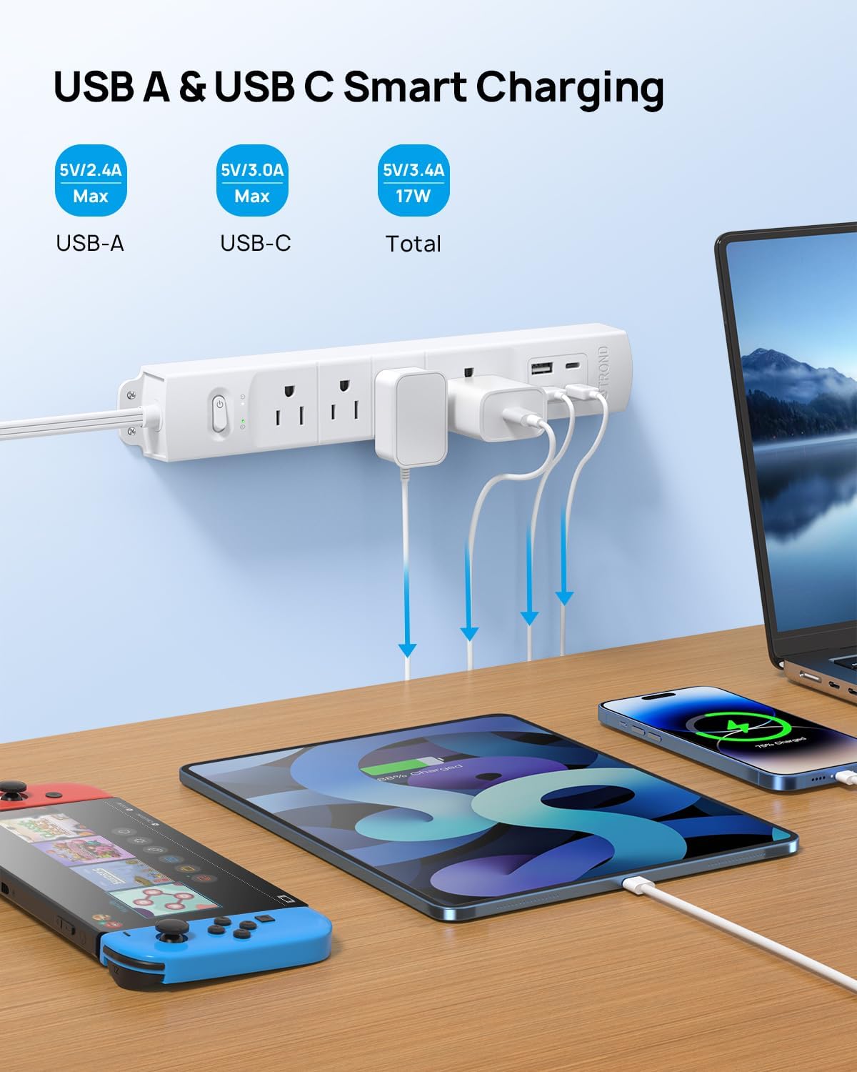 TROND 15ft Long Extension Cord with 2 USB C, ETL Listed, Ultra-Thin Flat Plug Power Strip, Slim Surge Protector, 4 Outlets 4 USB Ports, Wall Mount, Office Accessories Dorm Room Essentials, White