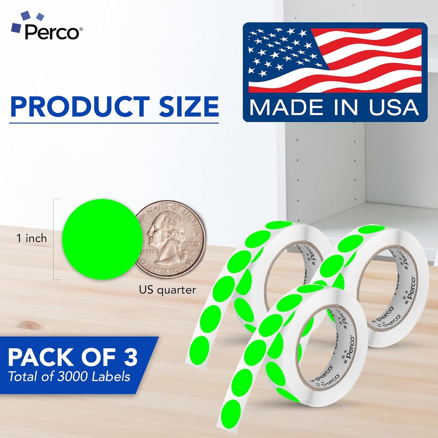 Perco Fluorescent Green 1-Inch Round Circle Dot Sticker Labels - Multi-Roll Pack (3 Rolls, 1,000 Labels Each) - Permanent Adhesive, Vibrant Colors, Strong Hold - Perforated for Easy Use - Made in USA