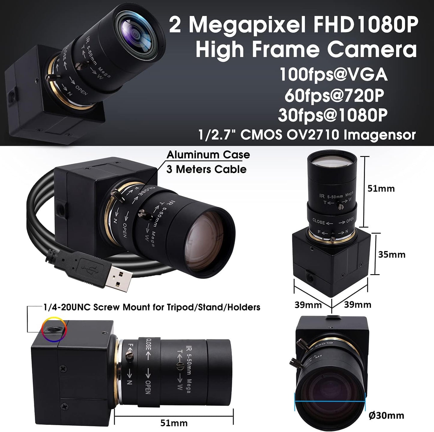 SVPRO 2MP USB Web Camera - 5-50mm 10X Optical Zoom Lens, CS Mount, 1080P HD CMOS, 100fps/60fps, UVC Mini Cam OTG, Drive Free PC Webcam