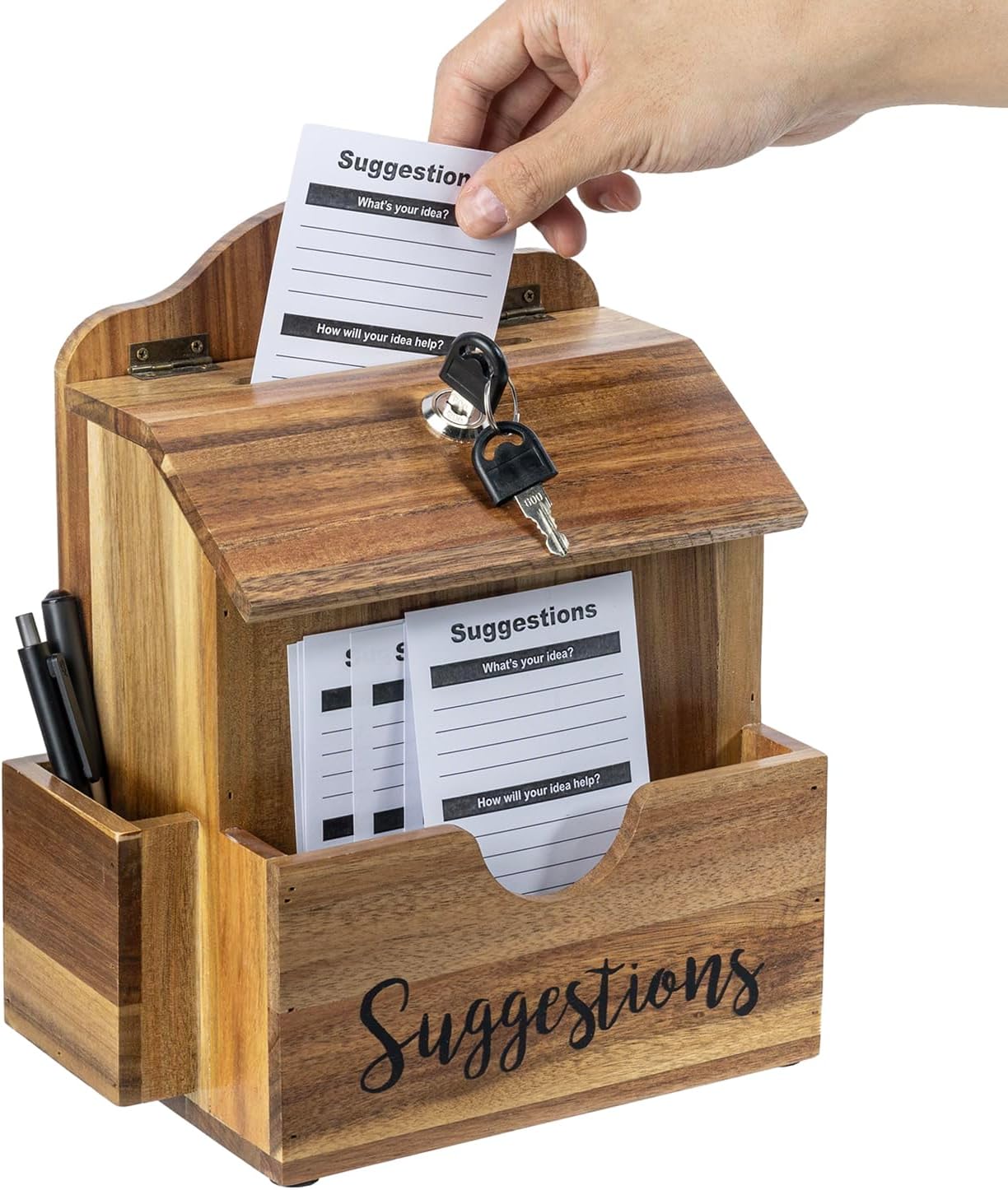 MyGift Premium Solid Acacia Wood Suggestion Box, Wall Mountable Feedback Collector with Black Cursive "Suggestions" Lettering, Comment Card Slot, Pen Holder, Top Lock and Keys