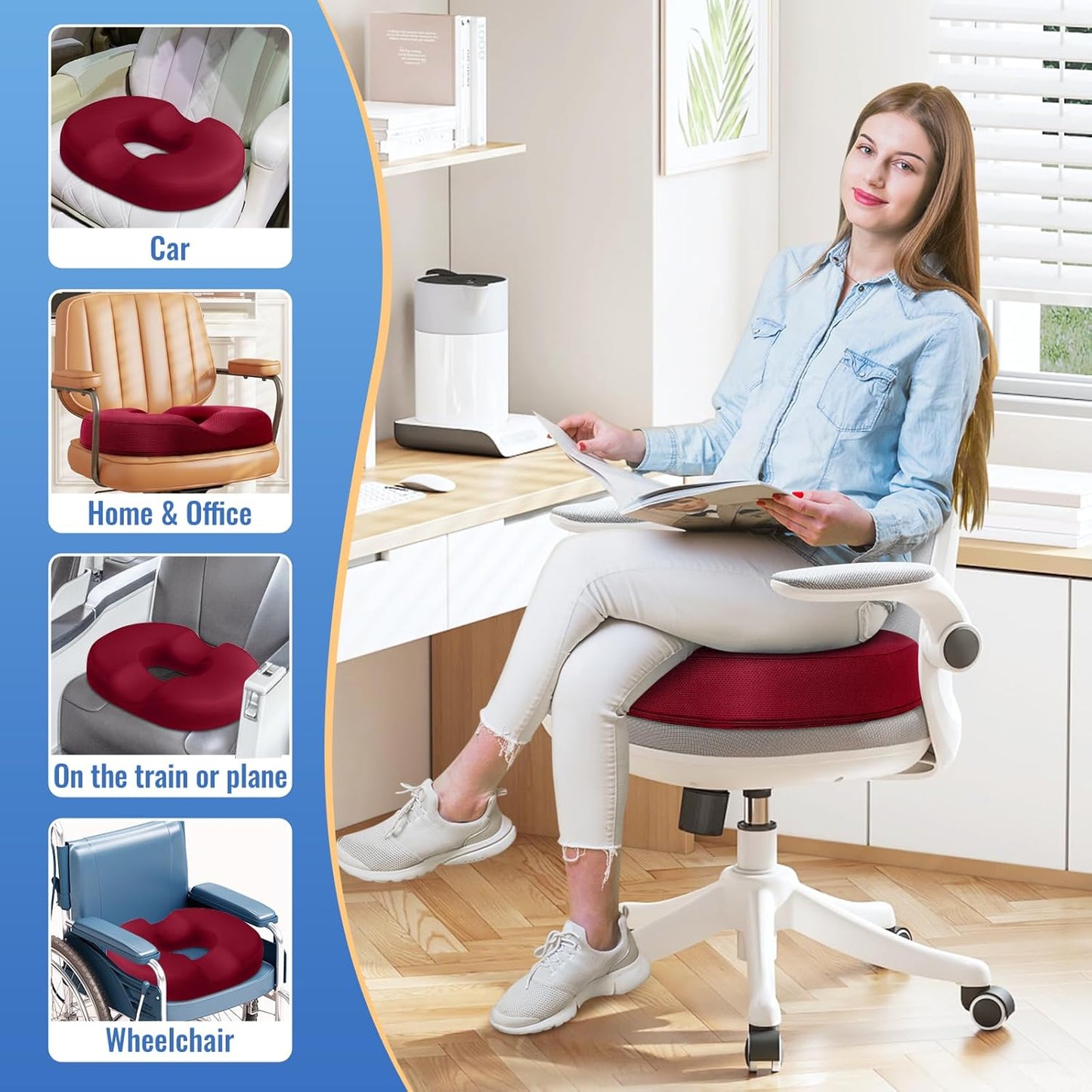 CloudBliss Donut Pillow Seat Cushion Chair Pad for Tailbone Pain Relief and Hemorrhoids, Memory Foam Seat Chair Cushion for Men and Women for Home & Office, (Red-XL)