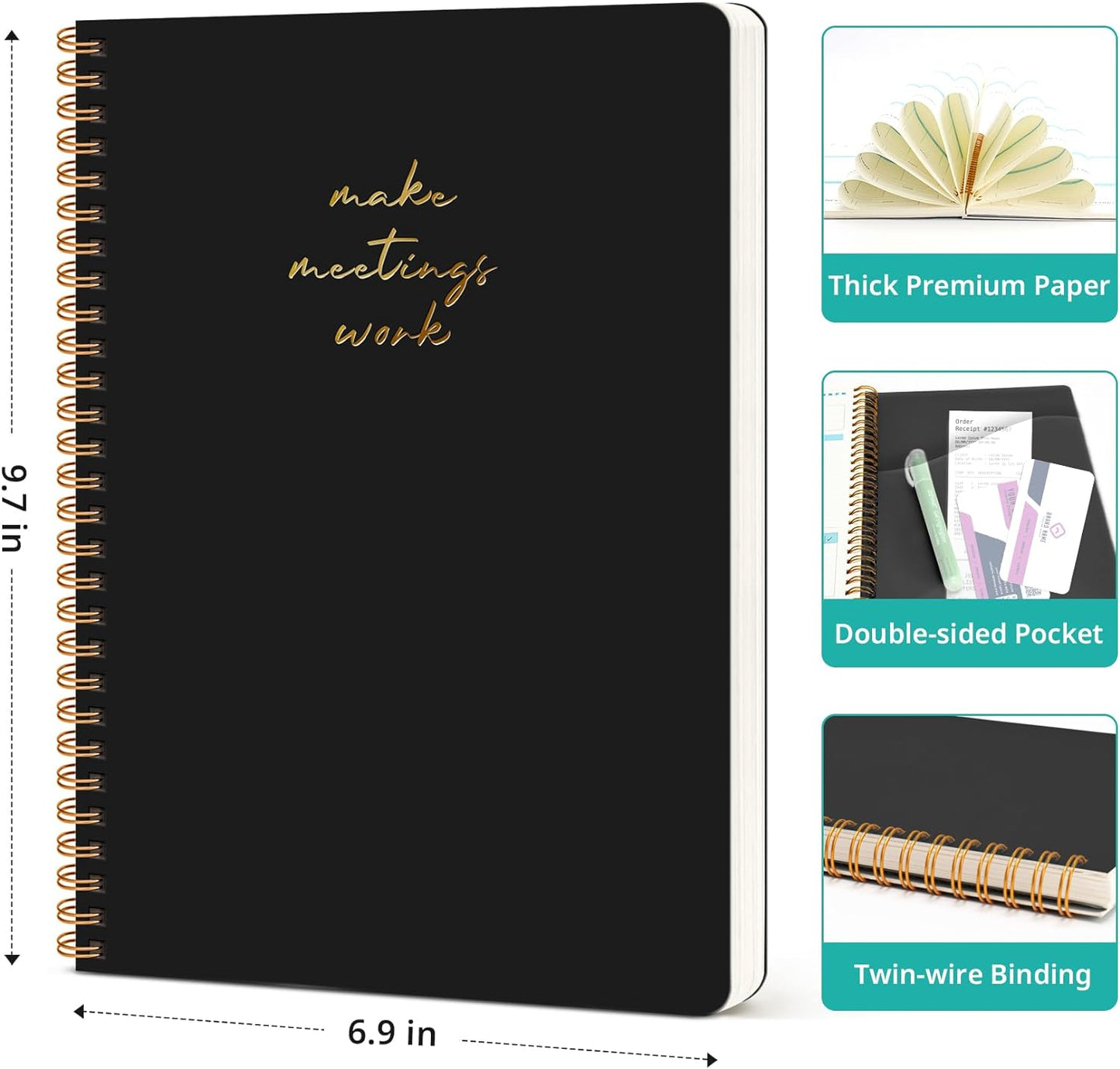 6 Pack of Meeting Notebook for Work Organization - Work notebook with action items, Meeting Minutes Planner Notebook, Perfect Office Supplies for Men & Women - Black