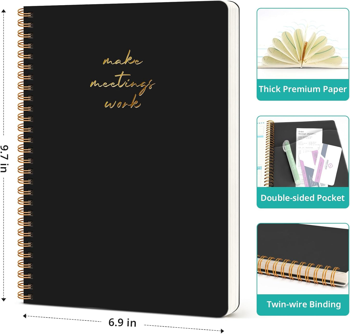 Taja 48 Pack of Meeting Notebook for Work Organization - Work notebook with action items, Meeting Minutes Planner Notebook, Perfect Office Supplies for Men & Women - Black