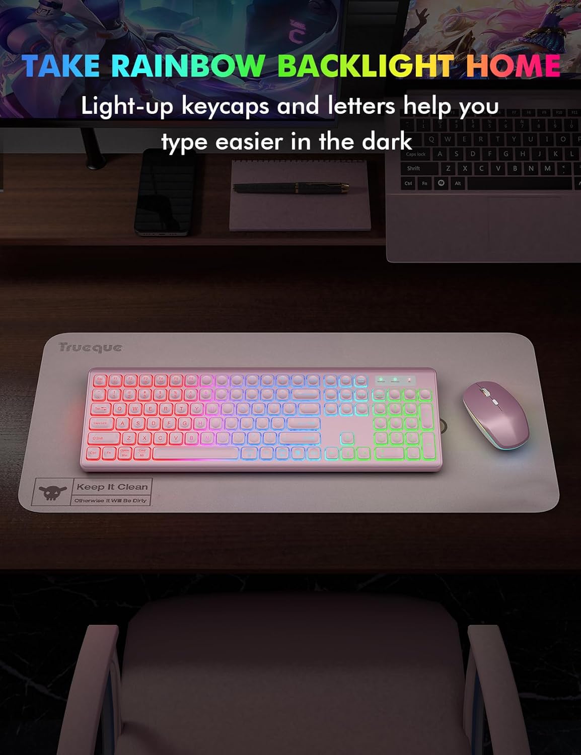 Wireless Keyboard and Mouse Combo - RGB Backlit, Rechargeable & Light Up Letters, Full-Size, Ergonomic Tilt Angle, Sleep Mode, 2.4GHz Quiet Keyboard Mouse for Mac, Windows, Laptop, PC, Trueque, Rose