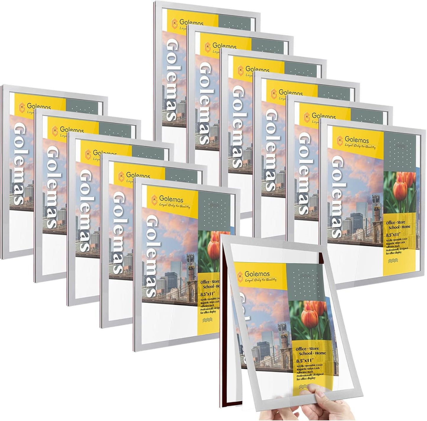 Acrylic Magnetic Sign Holder, Easy-Opening 8.5 x 11 Wall Mount Display Frames, Self Adhesive Back Plastic Clear Document Frame, Horizontal & Vertical Display (Silver, 12Pack)