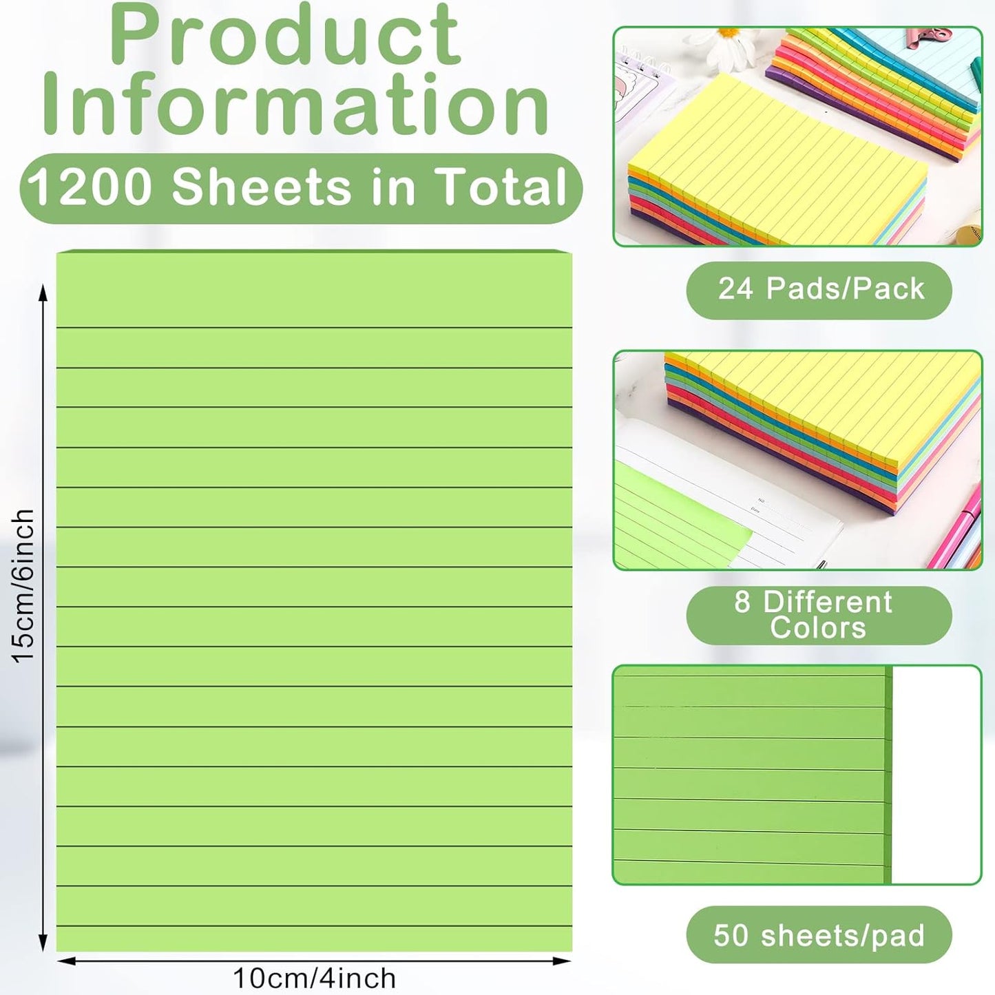 24 Pack Lined Sticky Notes 4 x 6 Inch Colorful Sticky Note Pads with Lines Bright Ruled Self Sticky Notes Memo Pad for Office Home Supplies, 50 Sheets per Pad, 1200 Sheets, 8 Colors