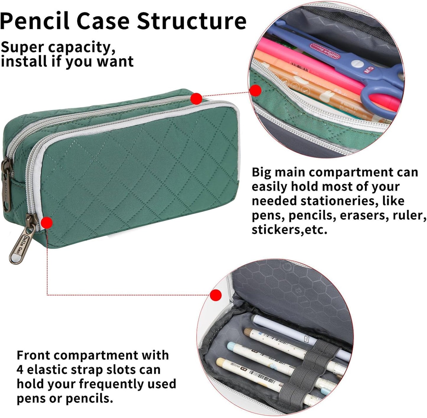 Della Gao Pencil Case Large Capacity Pencil Pouch Soft Quilted Pen Bag Office Stationery Organizer Sturdy Pencil Bag for Men Women - Dark Green