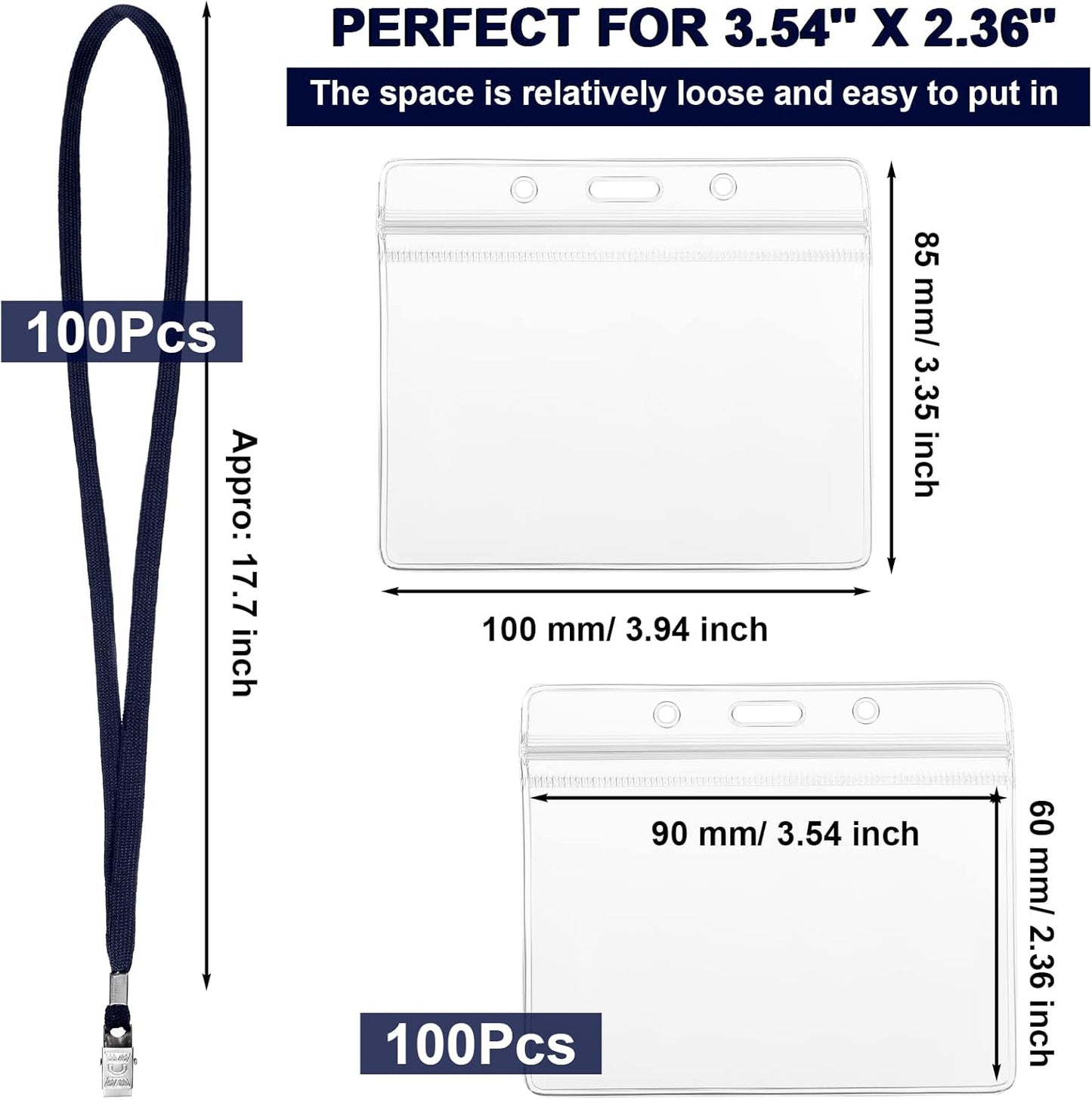 Marspark 100 Sets Clear Name Tags with Lanyard, Lanyards for ID Badges Reusable Strap with ID Holder Plastic Name Badges for Adults Business School Church Conference (Dark Blue)