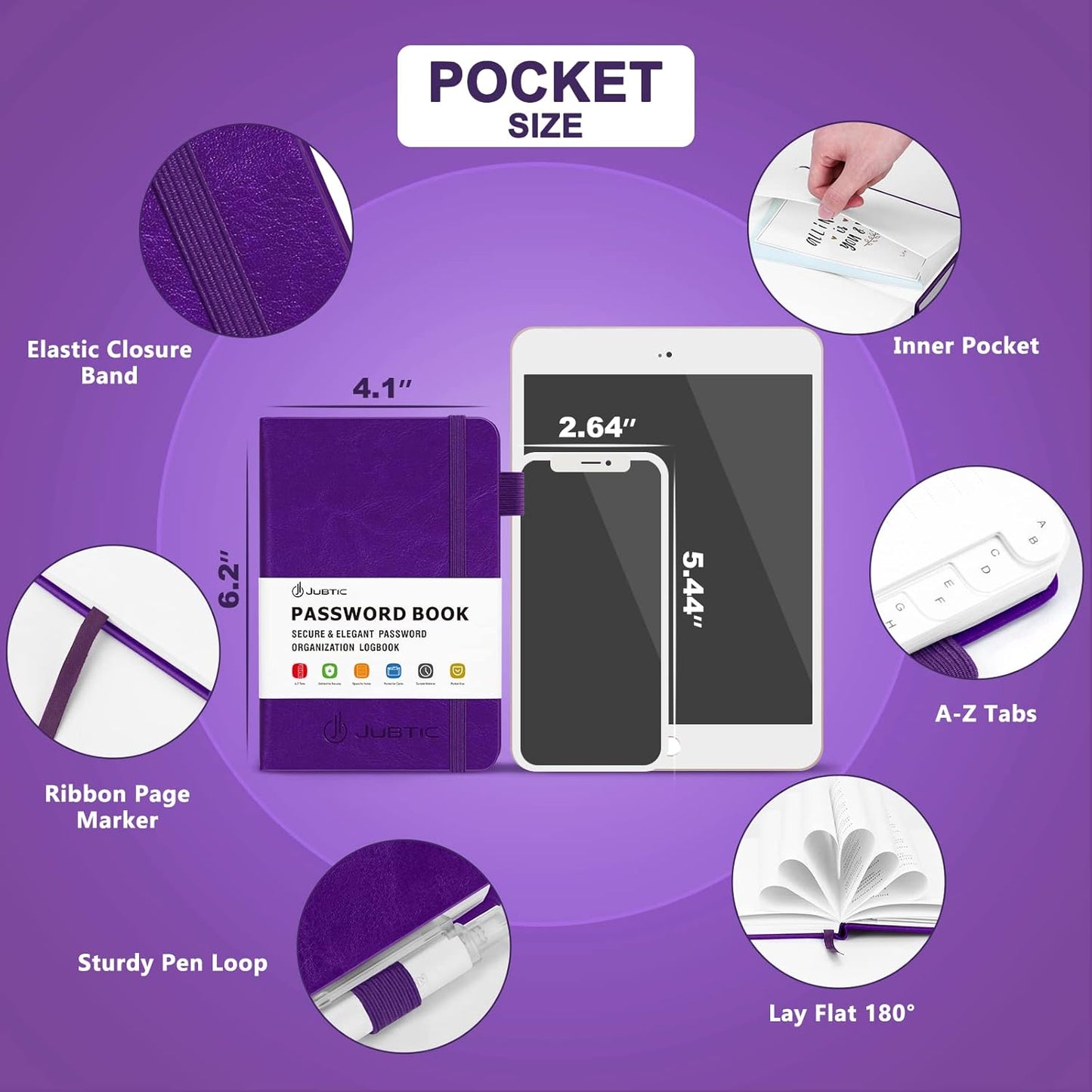 JUBTIC Password Book with Alphabetical Tabs, Small Size Internet Address & Password Keeper Logbook, Password Notebook Journal for Computer & Website Logins, Purple
