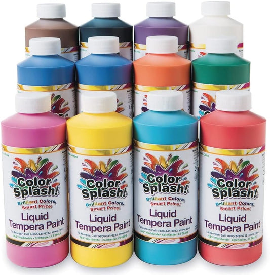 S&S Worldwide Color Splash! Liquid Tempera Bulk Paint, Set of 12 in 11 Bright Colors, 16-oz Easy-Pour Squeeze Bottles, For Arts & Crafts, School, Classroom, Poster Paint, For Kids & Adults, Non-Toxic