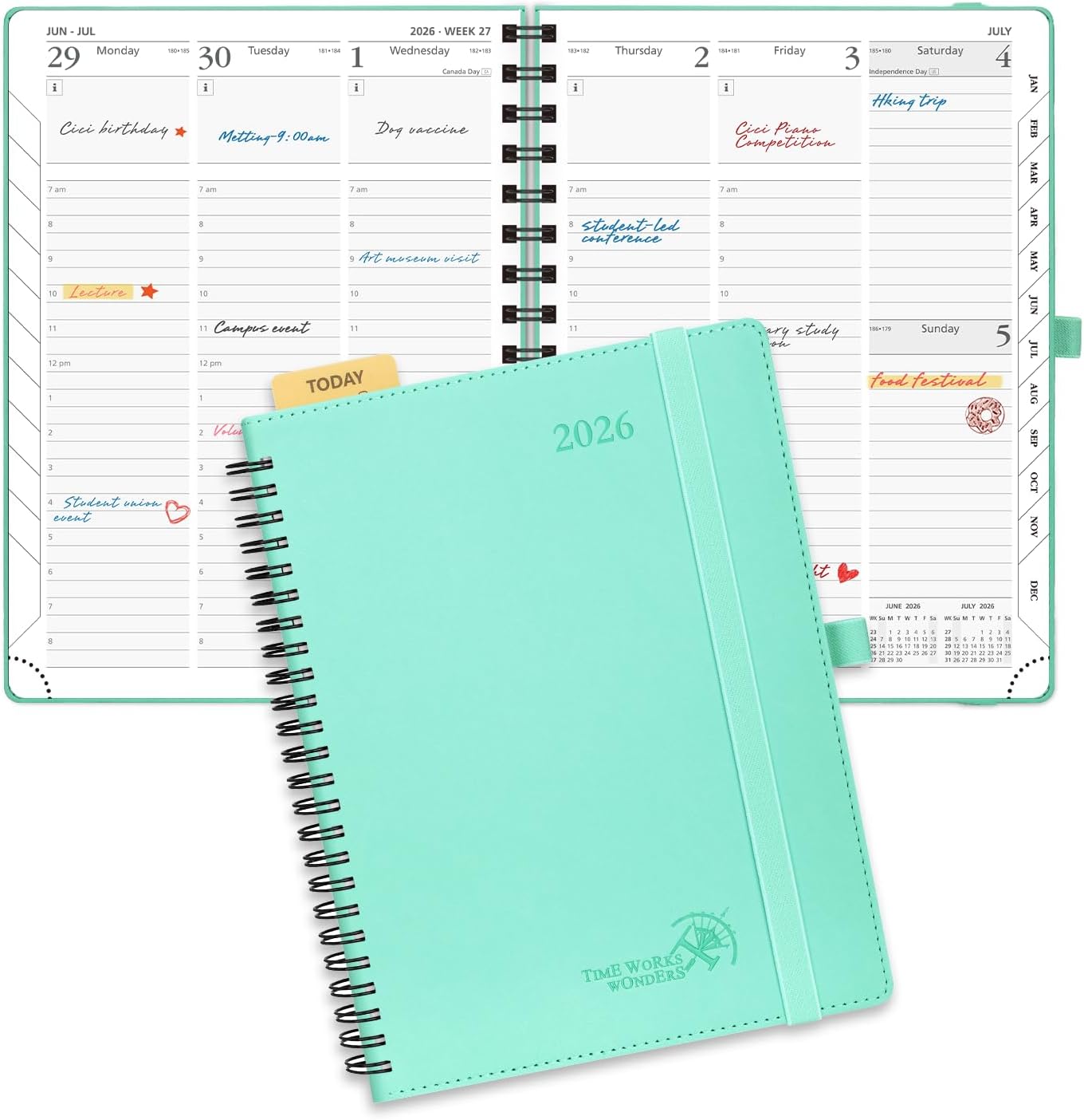 POPRUN 2026 Planner (Medium - 6.5'' x 8.5'') with Hourly Schedule, Vertical Layout - 2026 Weekly Calendar (Jan. 2026 - Dec.2026) for Time Management, Monthly Tabs, Spiral Bound, Soft Cover - Green