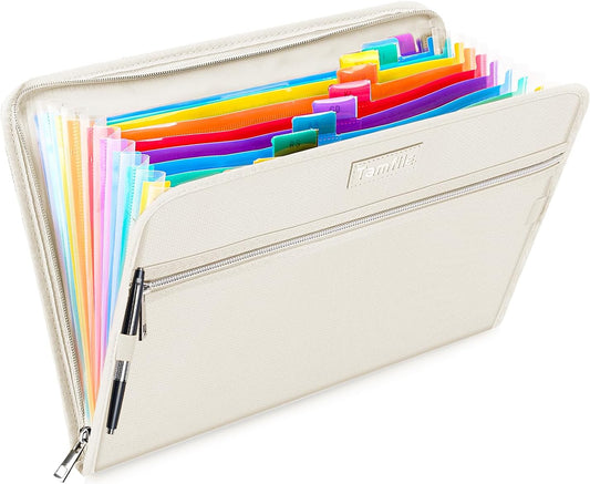 Fireproof Safe Waterproof Accordion File Bag Folder Expanding Filing Folder with 14 Multicolored Pockets, A4 Letter Size, Document Organizer Holder and Color Labels /2 Zipper (Beige 14.3" x 9.8")