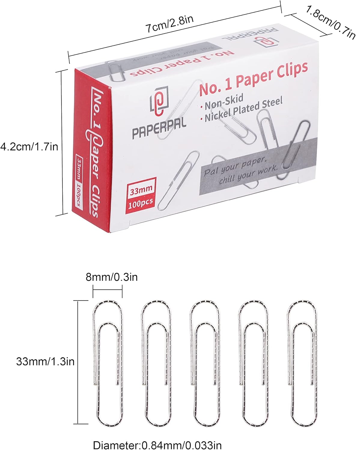 PAPERPAL Paperclips for Office School & Personal Use, #1 Nonskid Paper Clip (1-2/7"), 600 Medium Paper Clips (6 Boxes of 100 Each), Silver