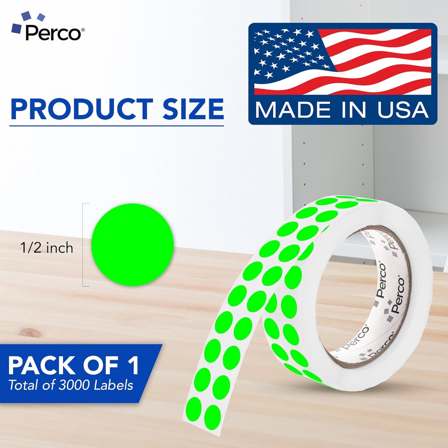 Perco Fluorescent Green 1/2-Inch Round Circle Dot Sticker Labels with Easy Peel Perforation - 3,000 Labels per Roll - Strong Adhesion, Vibrant Colors for Organizing, Crafting & More - Made in USA