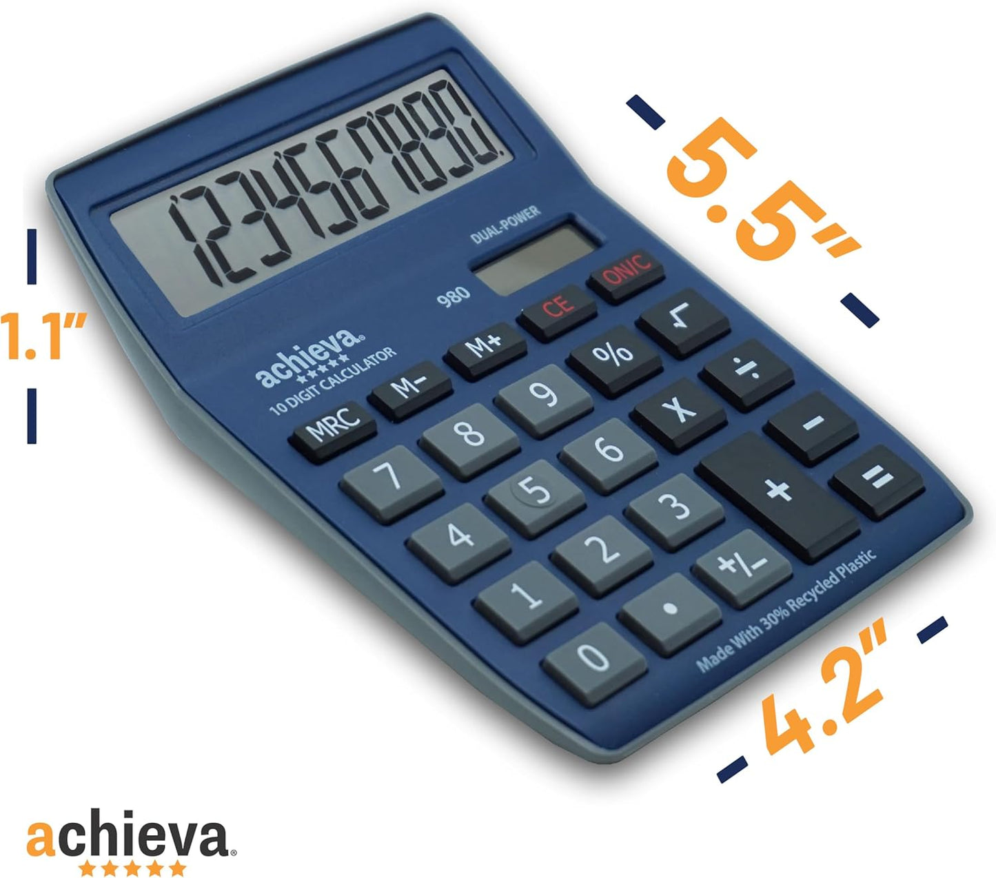 Achieva 10-Digit LCD Display Desktop Calculator | Blue, Gray | Dual Solar & Battery Power | Made with 30% Recycled Plastic | for Home, Office, School (980)
