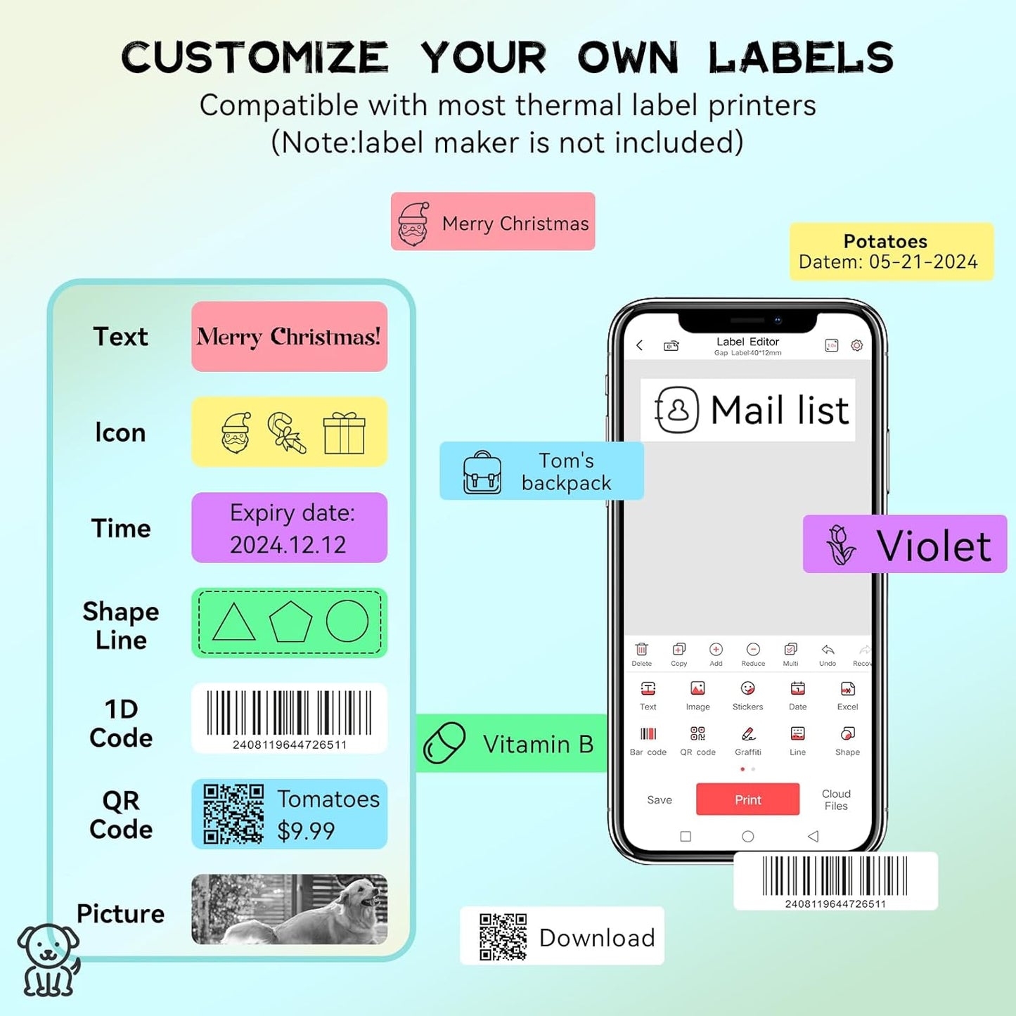 D30 P21 Label Maker Tape Refill 12mm×40mm(0.47"x1.57") Sticker, Laminated Thermal Label Tape Replacement, 1650 Labels/10Rolls, High Definition Labeling Tape for Home Office School Hotel