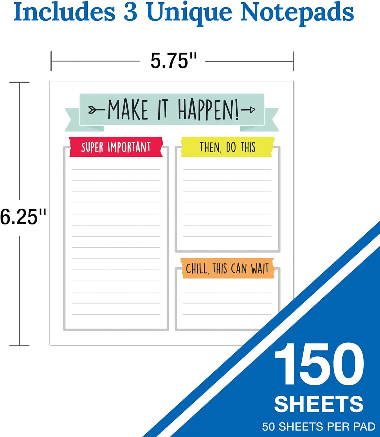 Carson Dellosa Notepad 3-Pack Set, Note Pads for To Do List, Sketch Pad, Grocery List, Checklist, and Classroom Organization Stationary, Desk Accessories and Office Supplies
