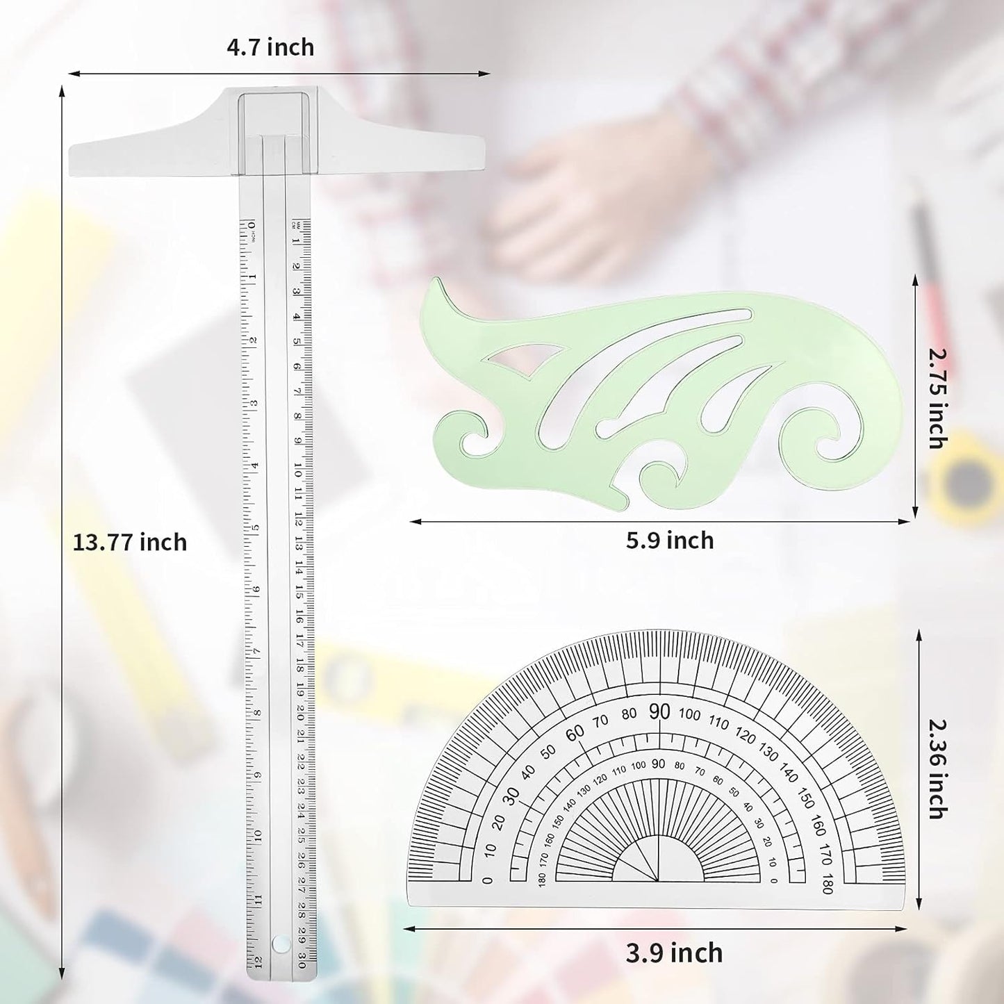 Frienda 5 Pieces Drafting Tools 12 Inch T-Square Ruler Plastic Transparent Drawing Ruler 180 Degree Protractor, 2 Triangles and a French Curve for Students and Engineering Drawing