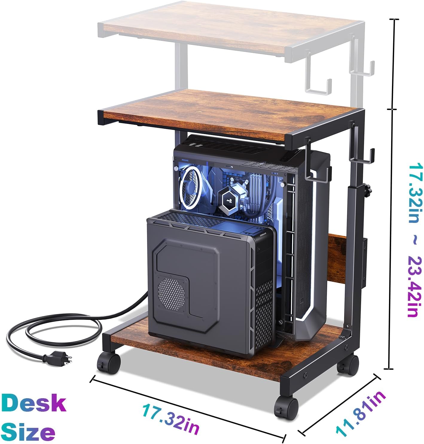Computer Tower Stand with Charge Station and USB Charging Port - Height Adjustable PC Tower Stand, Under Desk CPU Holder Cart with Locking Caster Wheels for Fits Most PC