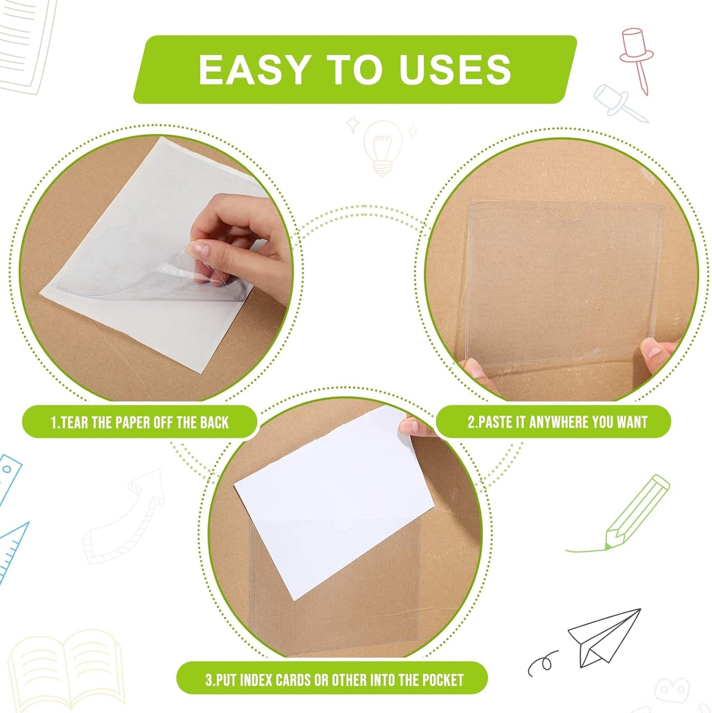 Chinco 50 Pack Clear Adhesive Pockets, Labels for Storage Bins, Plastic Self Adhesive Index Card Holder with Top Open for Organizing Bins Box Drawer(4.3 x 6.3 Inches)