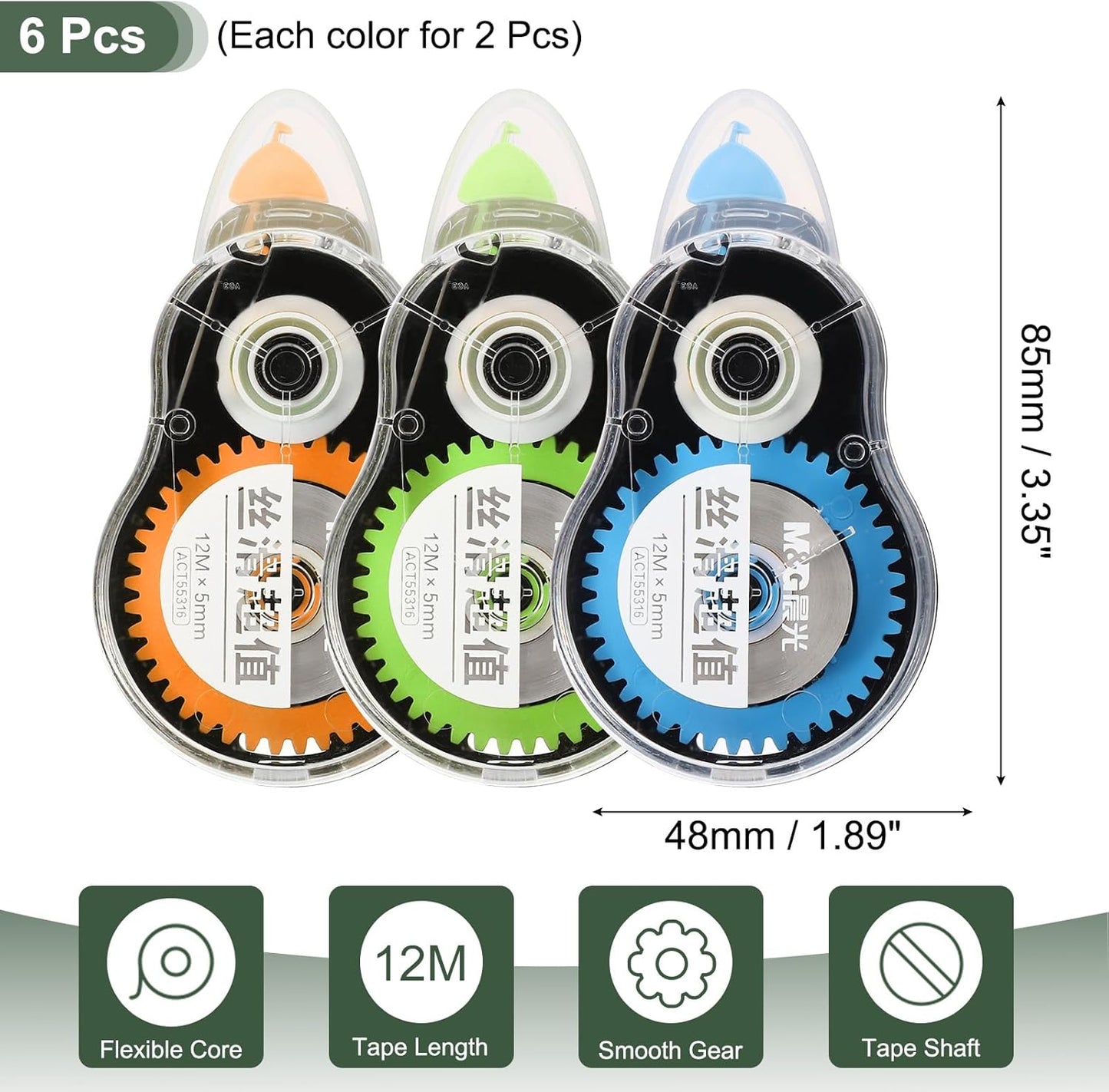 M&G 6Pcs 39 Ft Tape, Correction Tape Tear Resistant Whiteout Tape Easy to Use Instant Bulk Cool Transparent Dispenser for Classroom Office, Black