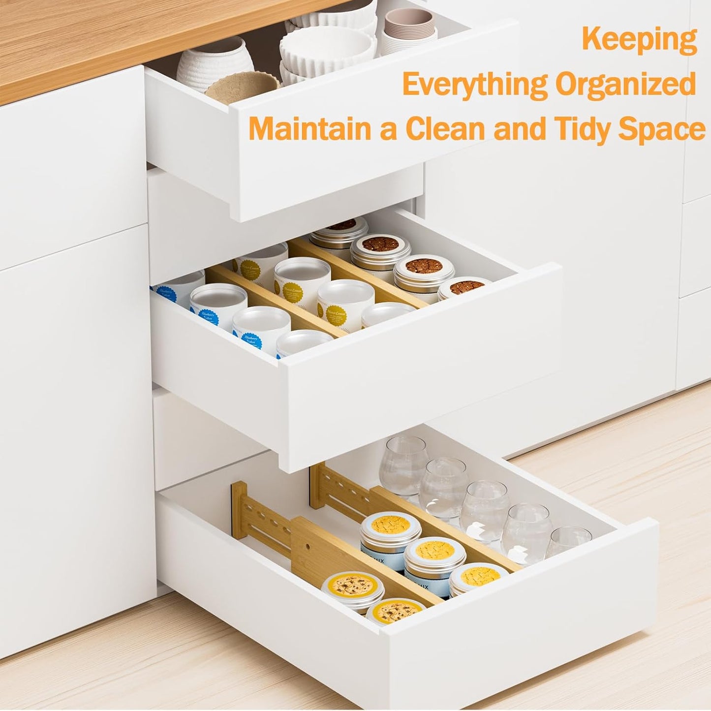 Bamboo Drawer Dividers 4" High, 12.8-18" Adjustable Drawer Organizers for Clothes,Expandable Dresser Separators in Bedroom/Kitchen/Bathroom/Office Organization and Storage,6 Pack