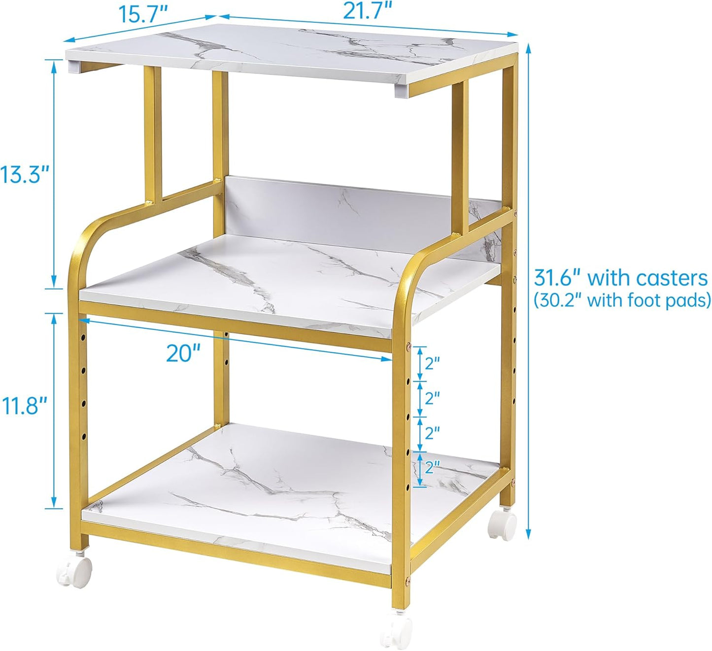 Printer Table with Storage for Home Office Organization, 3 Tier Printer Stand with Height Adjustable Shelf, Rolling Printer Cart with Wheels, White Gold