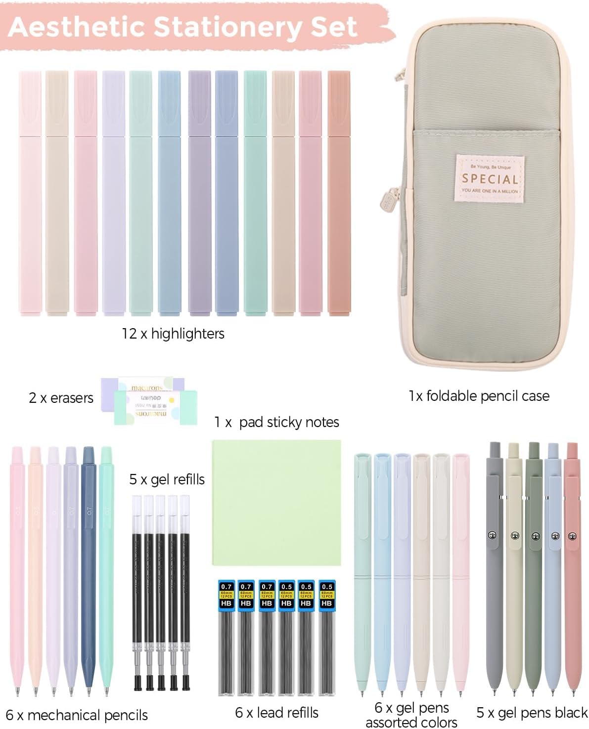 SKYDUE Cute School Supplies 44 PCS, Aesthetic Pencil Case with 12 Pastel Highlighters, 5 Black Gel Pens, 6 Color Gel Pens & Mechanical Pencils, College Essentials Students Stationary Set Green