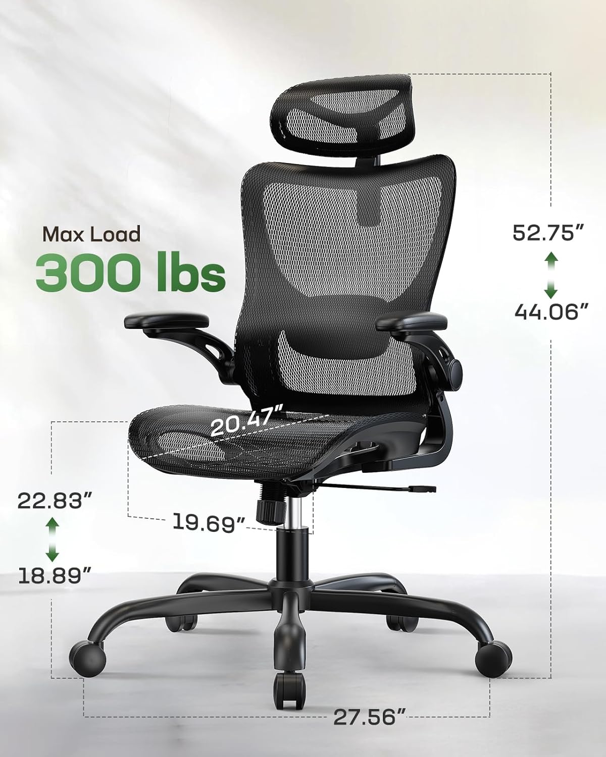 Marsail Ergonomic Mesh Office Chair High Back Home Office Desk Chair with Adaptive Lumbar Support, 2D Headrest, 3D Flip-Up Armrests, Height Adjustable and Rocking Tilt for Home Office and Gaming