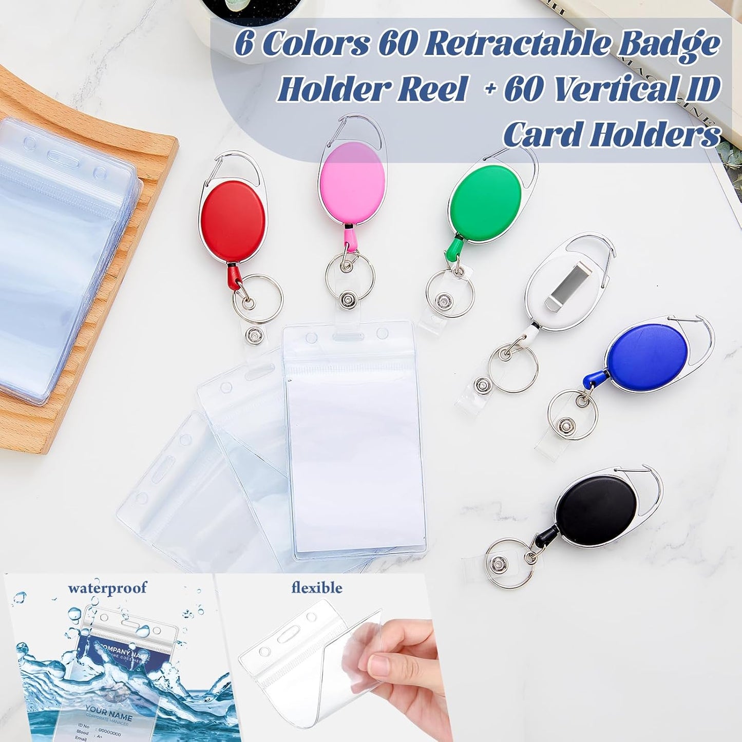 Laumoi Heavy Duty Retractable Badge Holder Reel with Belt Clip Keyring and Waterproof Vertical ID Card Holders for ID Name Card Keychain Badge(6 Colors)